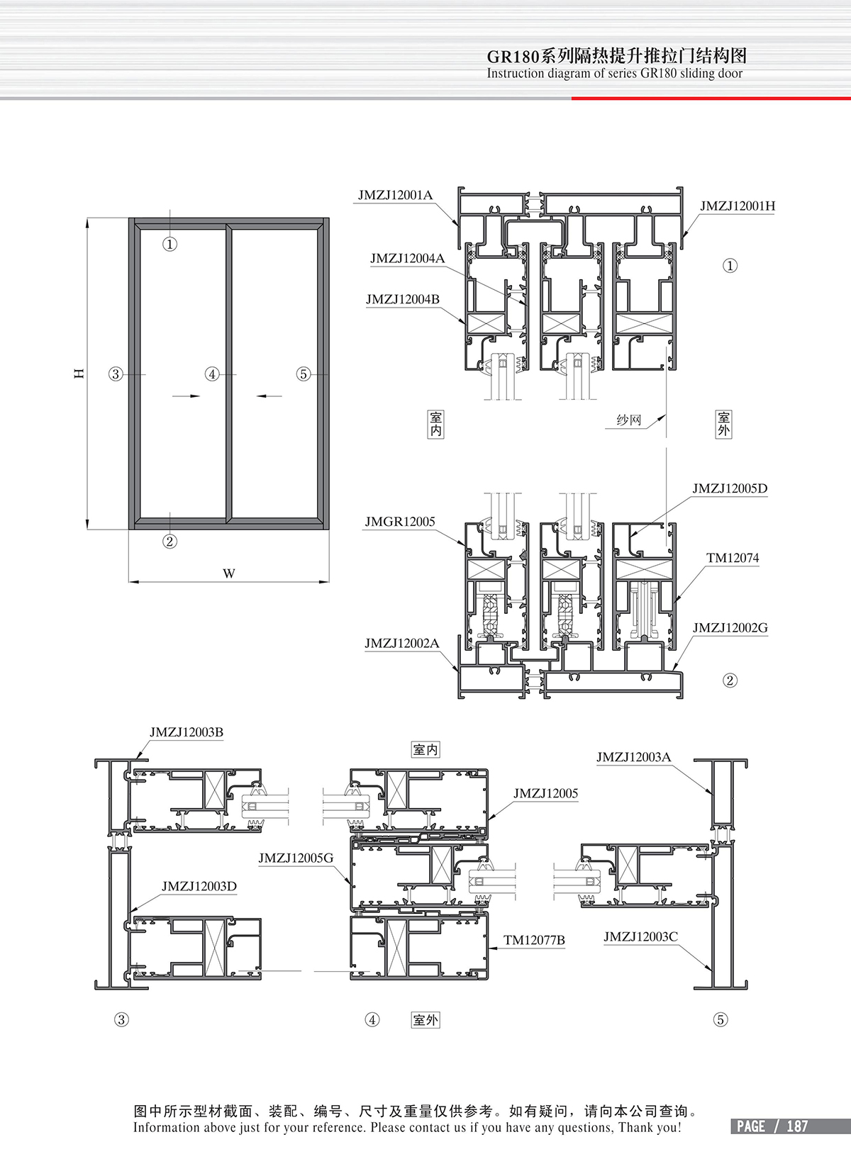 Dibujo estructural de la puerta corrediza de aislamiento térmico elevada Serie GR180