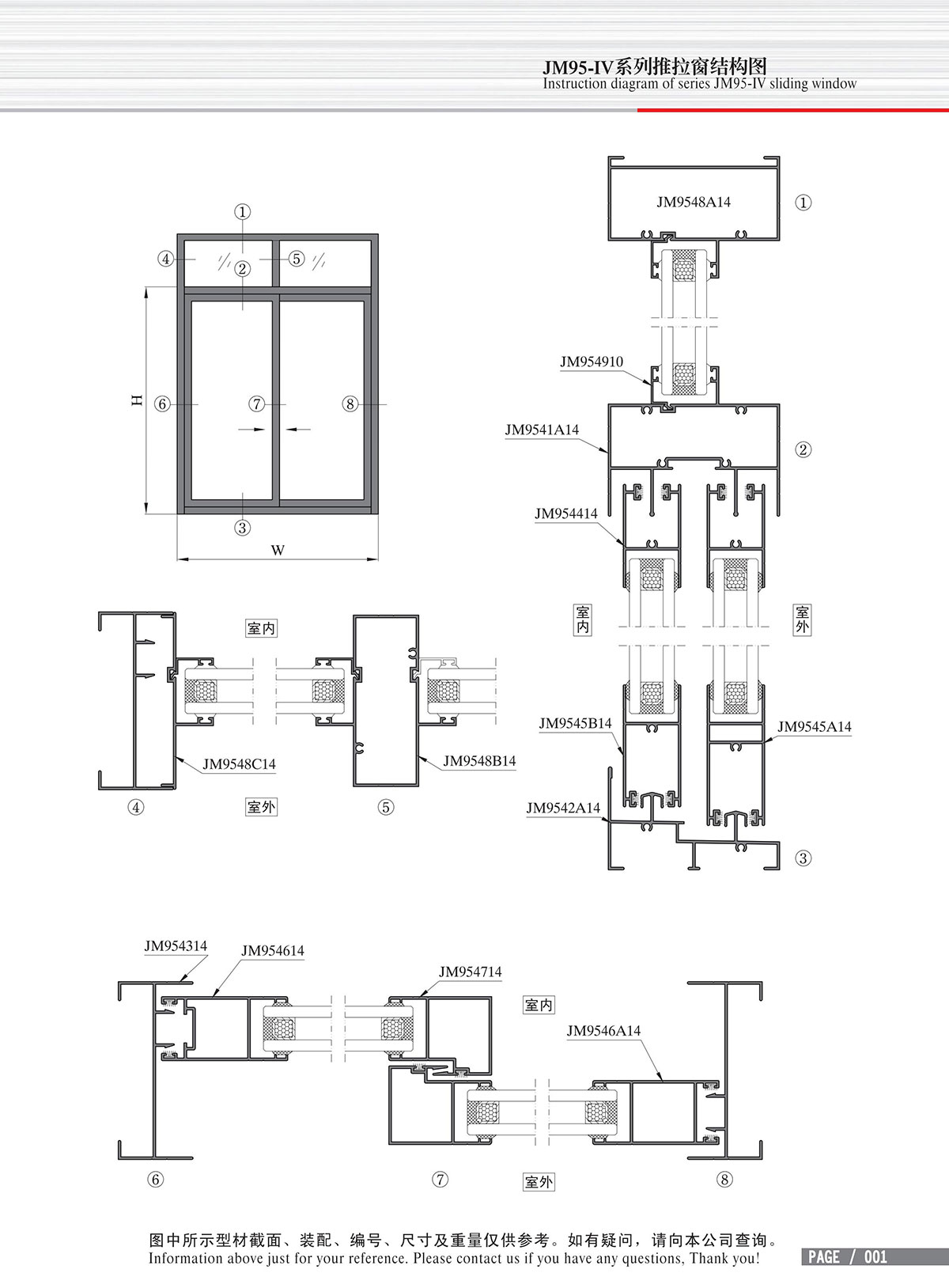 Schéma de structure de la fenêtre coulissante de la série JM95-IV