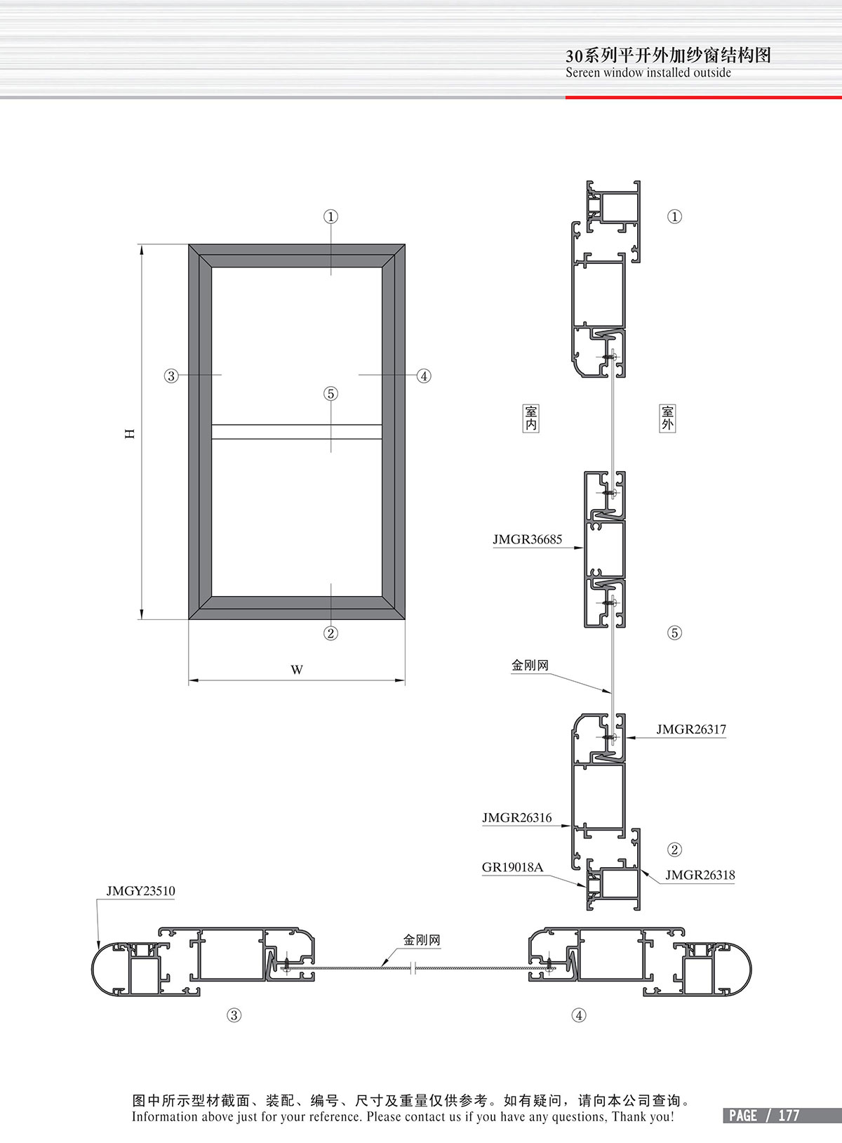 Schéma de structure de la fenêtre à battant avec chassis moustiquaire de la série 30