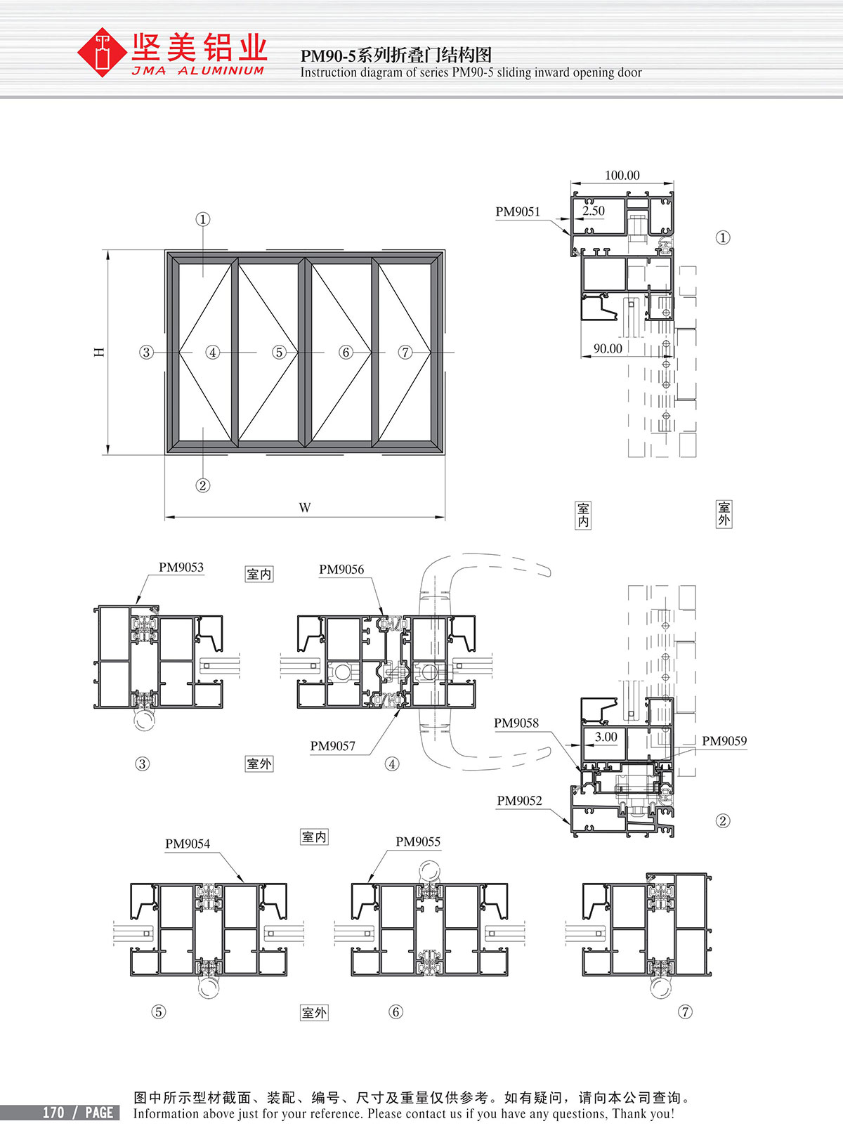 Dibujo estructural de puertas plegables Serie PM90-5