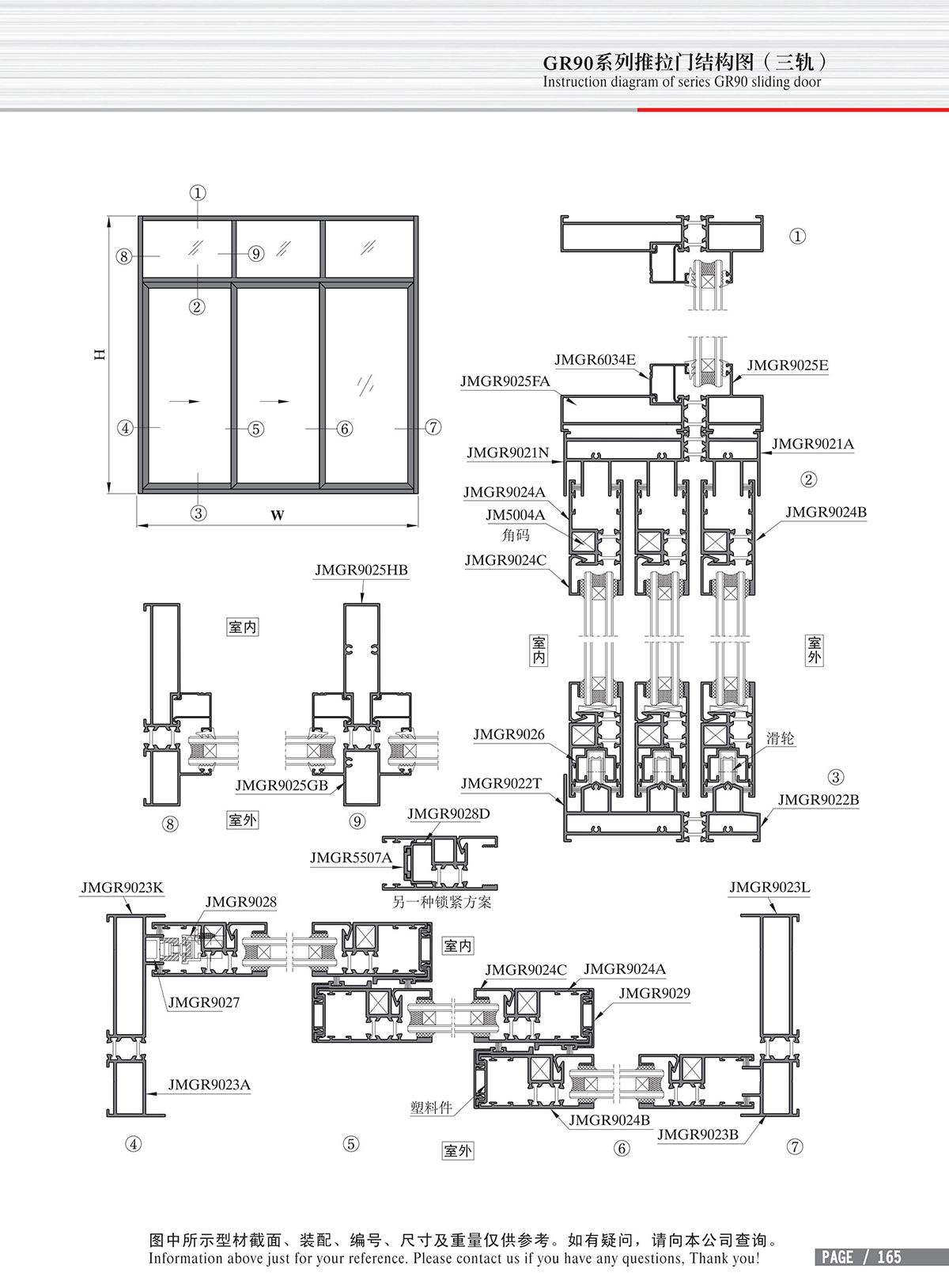 Dibujo estructural de la puerta corrediza Serie GR90 (tres pistas)