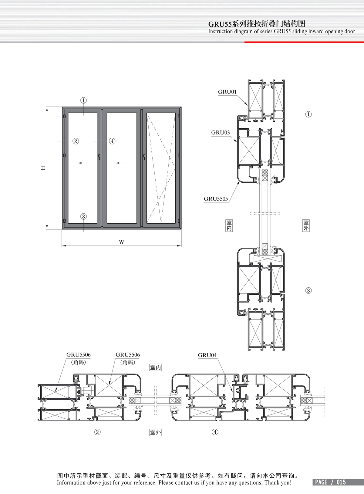 Schéma de structure de la porte à battants pliants de la série GRU55