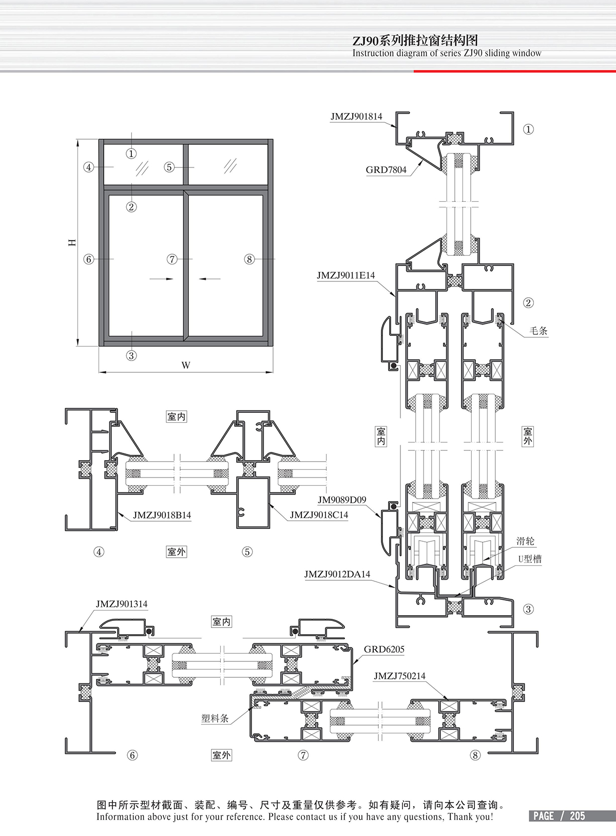 Dibujo estructural de la ventana corrediza Serie ZJ90