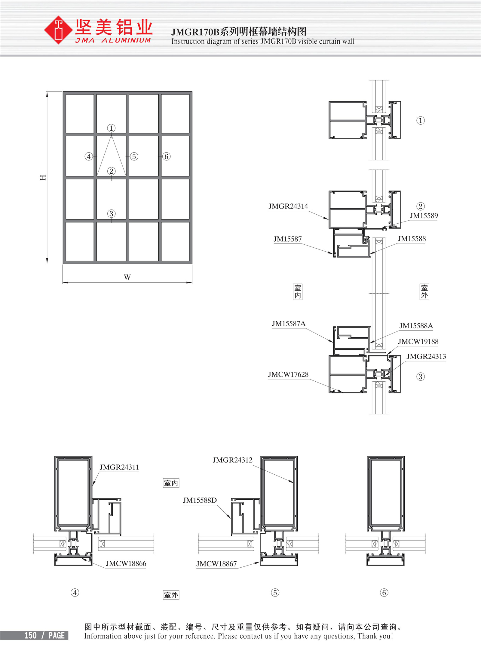 Schéma de structure du mur-rideau à cadre apparent de la série JMGR170B