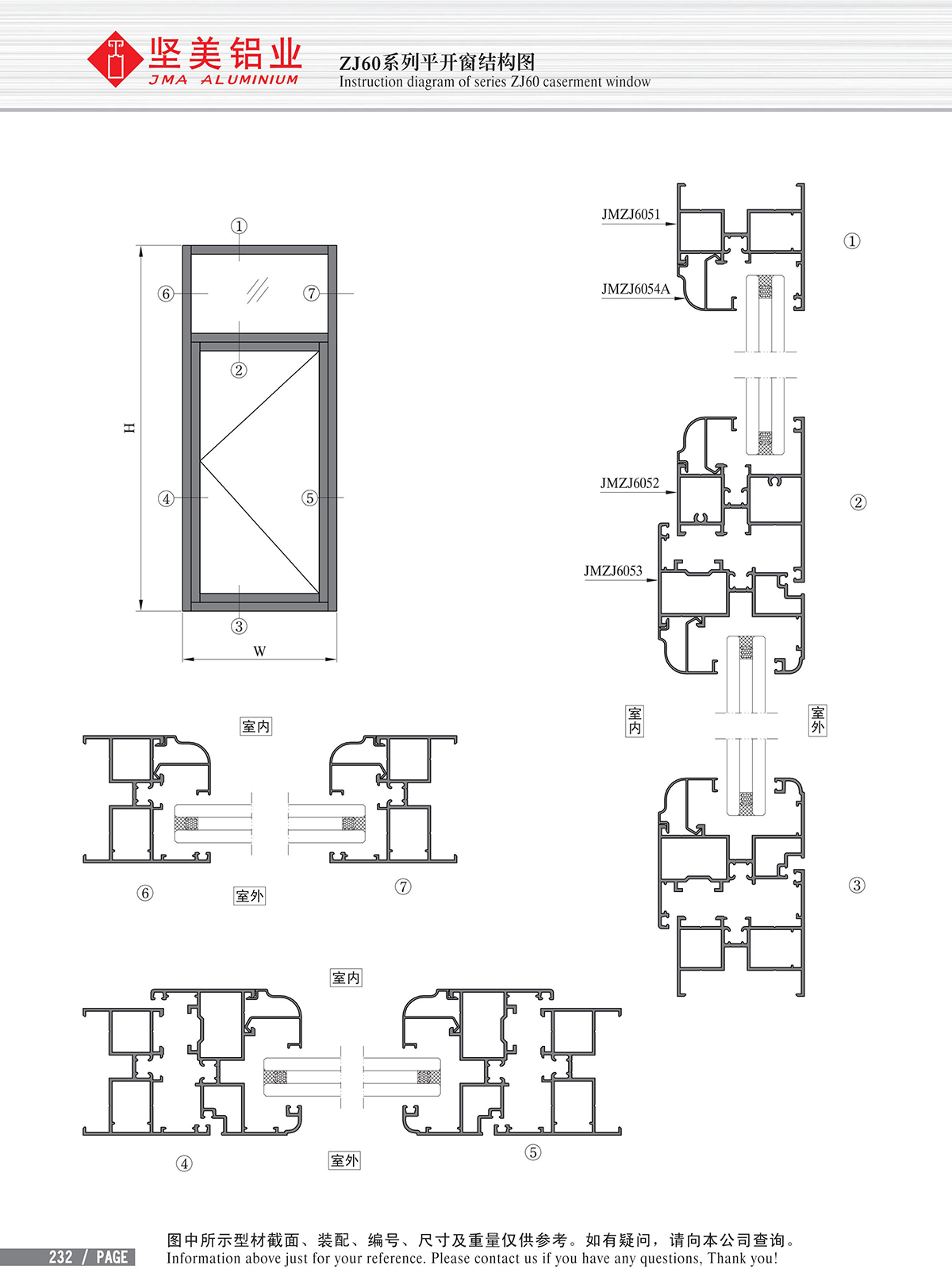 Schéma de structure de la fenêtre à battant de la série ZJ60