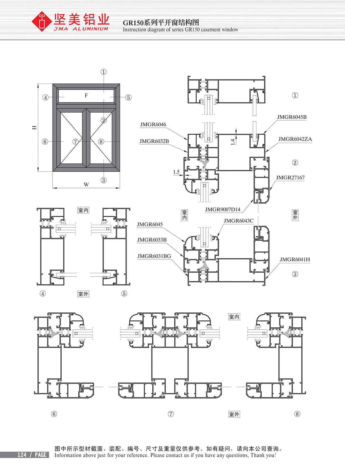 Schéma de structure de la fenêtre à battant de la série GR150-2