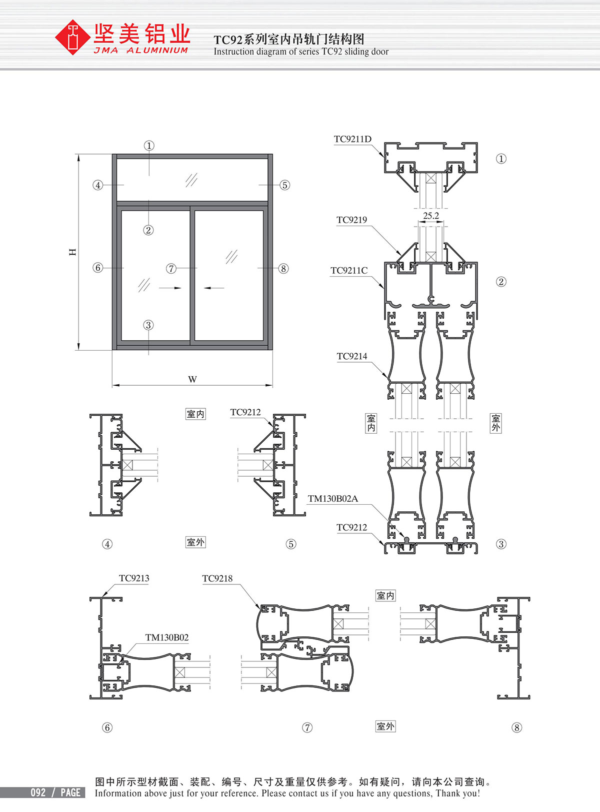 Structure drawing of TC92 series top hung door