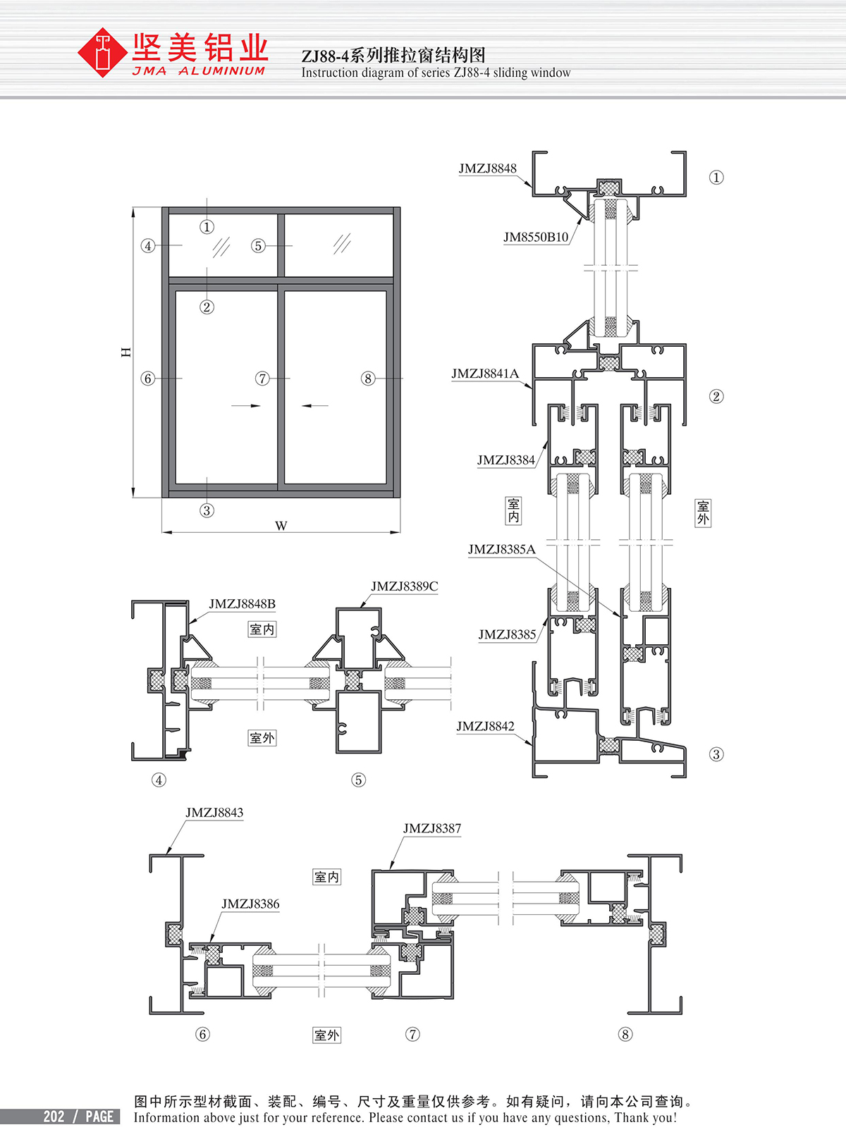 Schéma de structure de la fenêtre coulissante de la série ZJ88-4-2