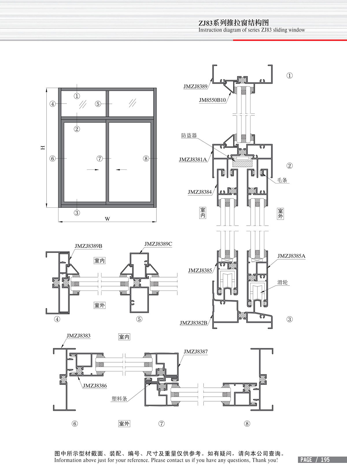 Dibujo estructural de la ventana corrediza Serie ZJ83-2