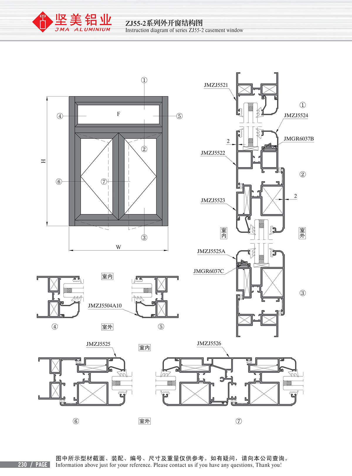 Schéma de structure de la fenêtre à battant ouvert vers l’extérieur de la série ZJ55-2