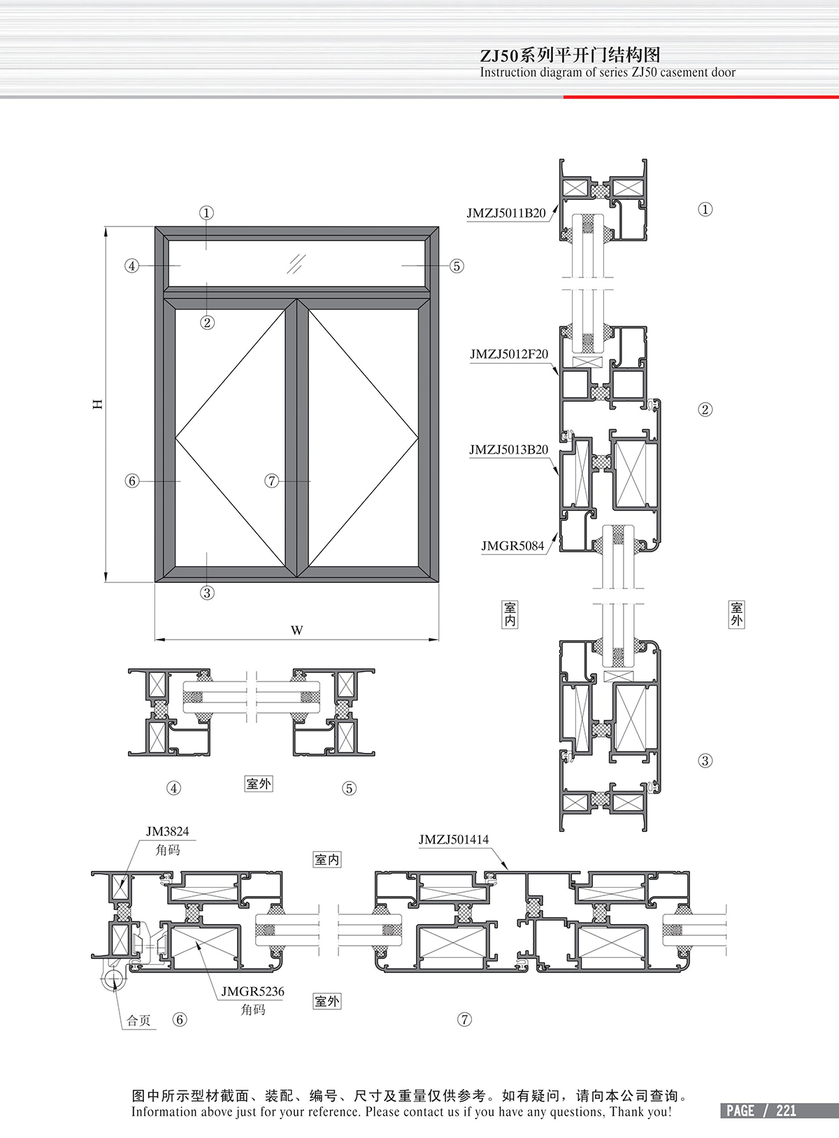 Schéma de structure de la porte à battant de la série ZJ50