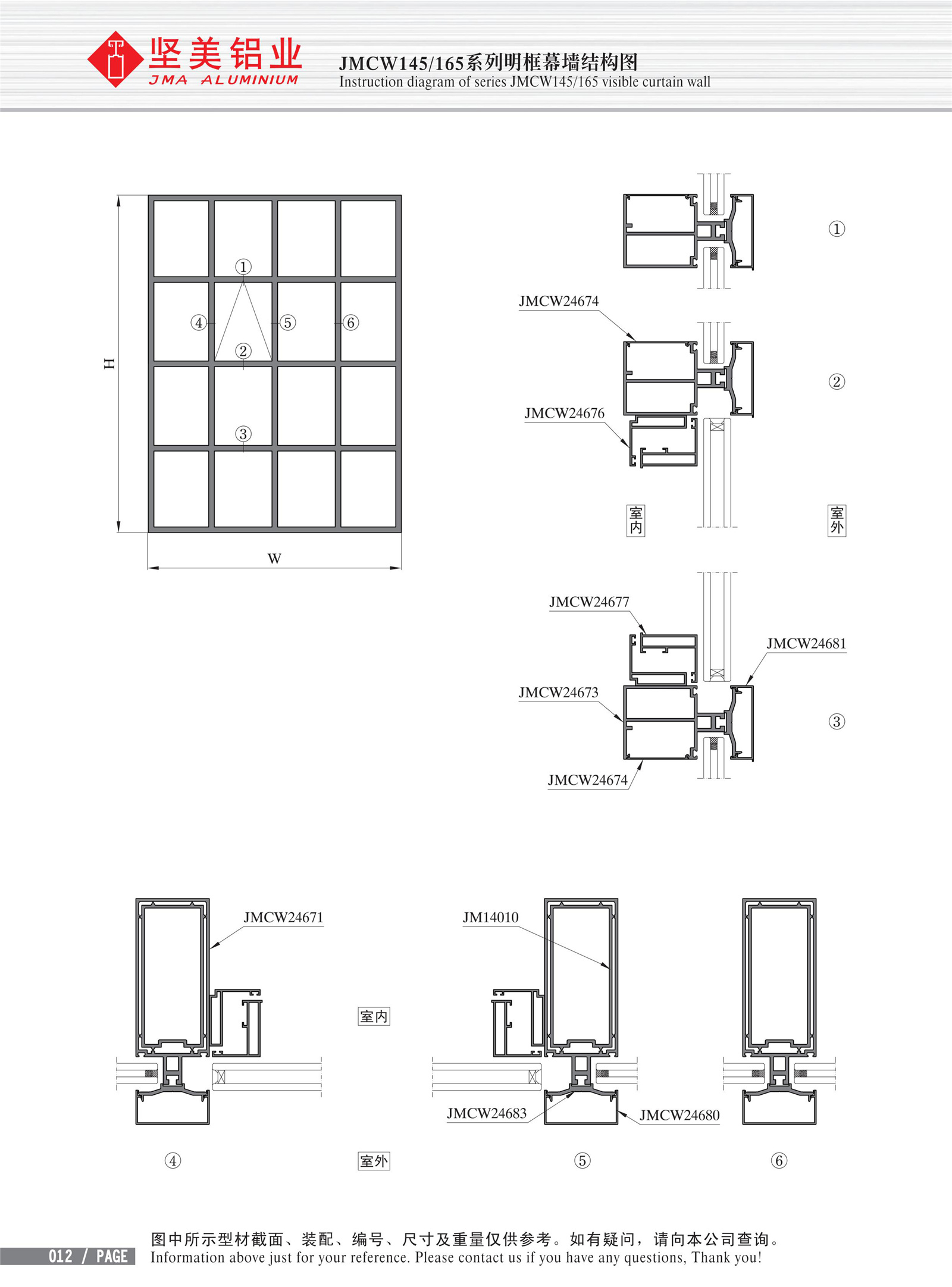 Dibujo estructural de muro cortina de marco expuesto Serie JMCW145 165