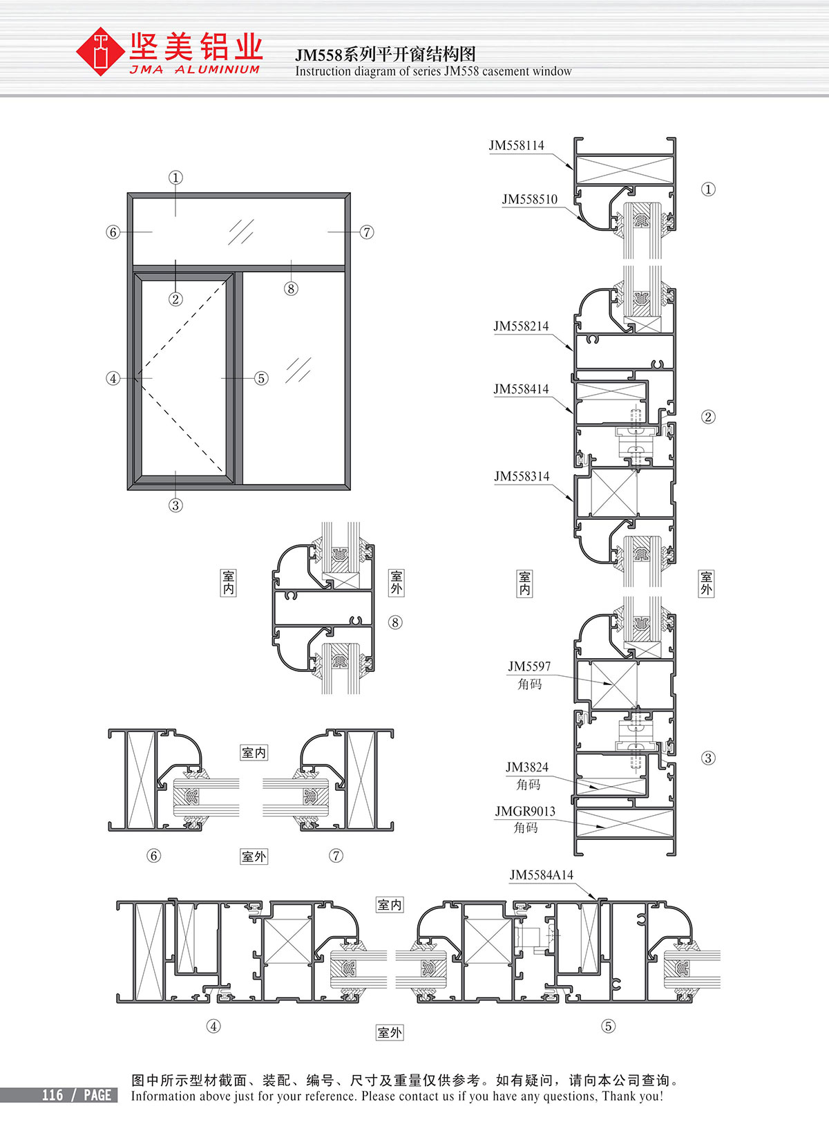 Schéma de structure de la fenêtre à battant de la série JM558