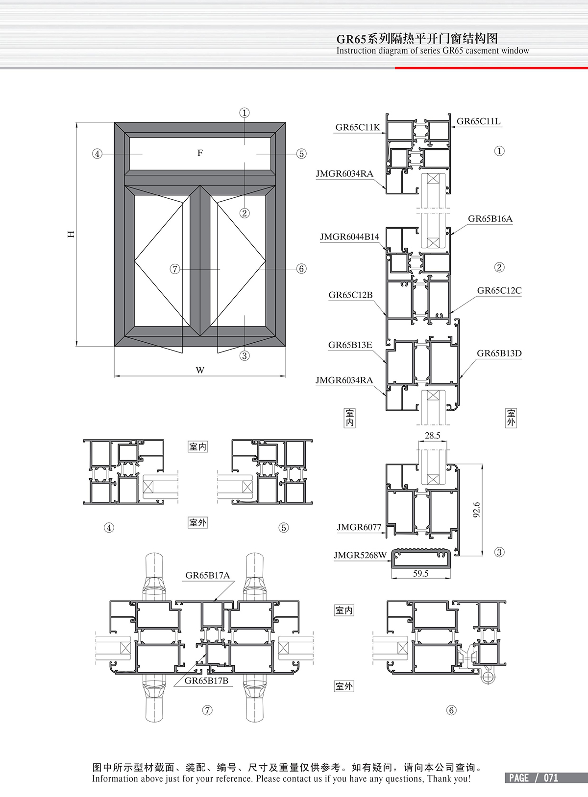 Dibujo estructural de la ventana abatible de aislamiento térmico Serie GR65