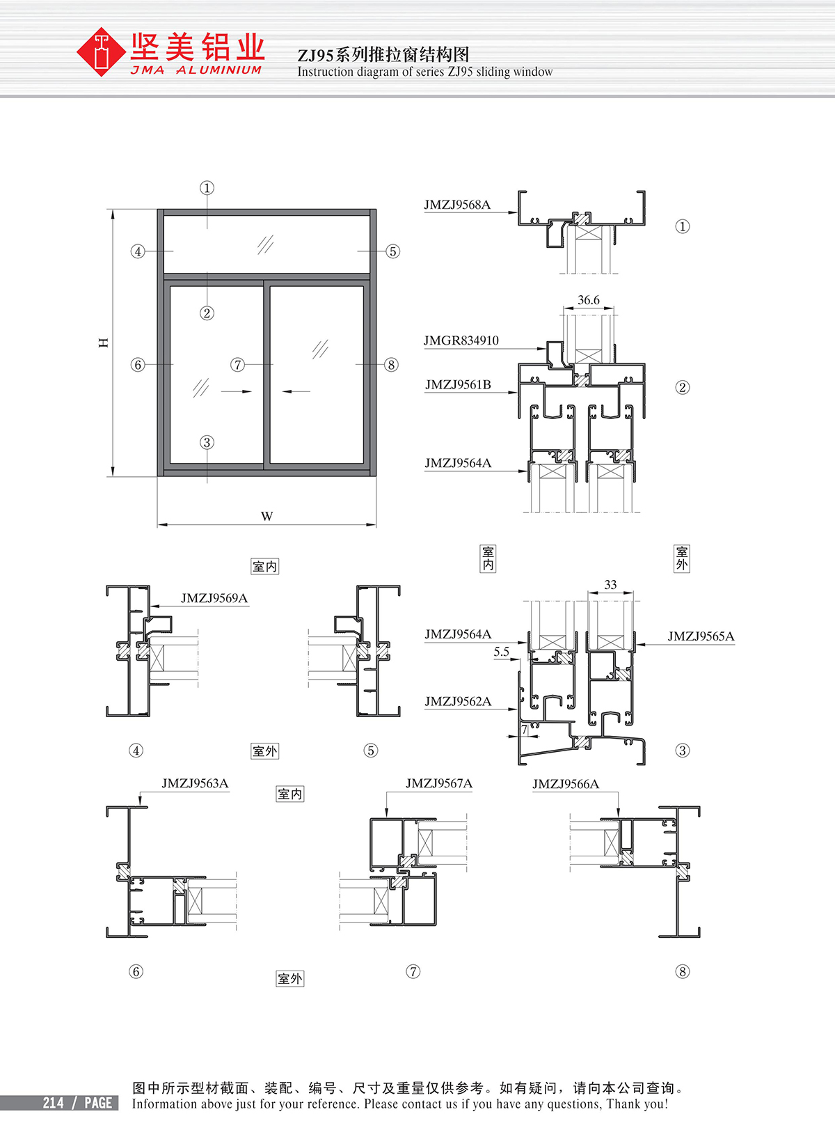 Dibujo estructural de la ventana corrediza Serie ZJ95