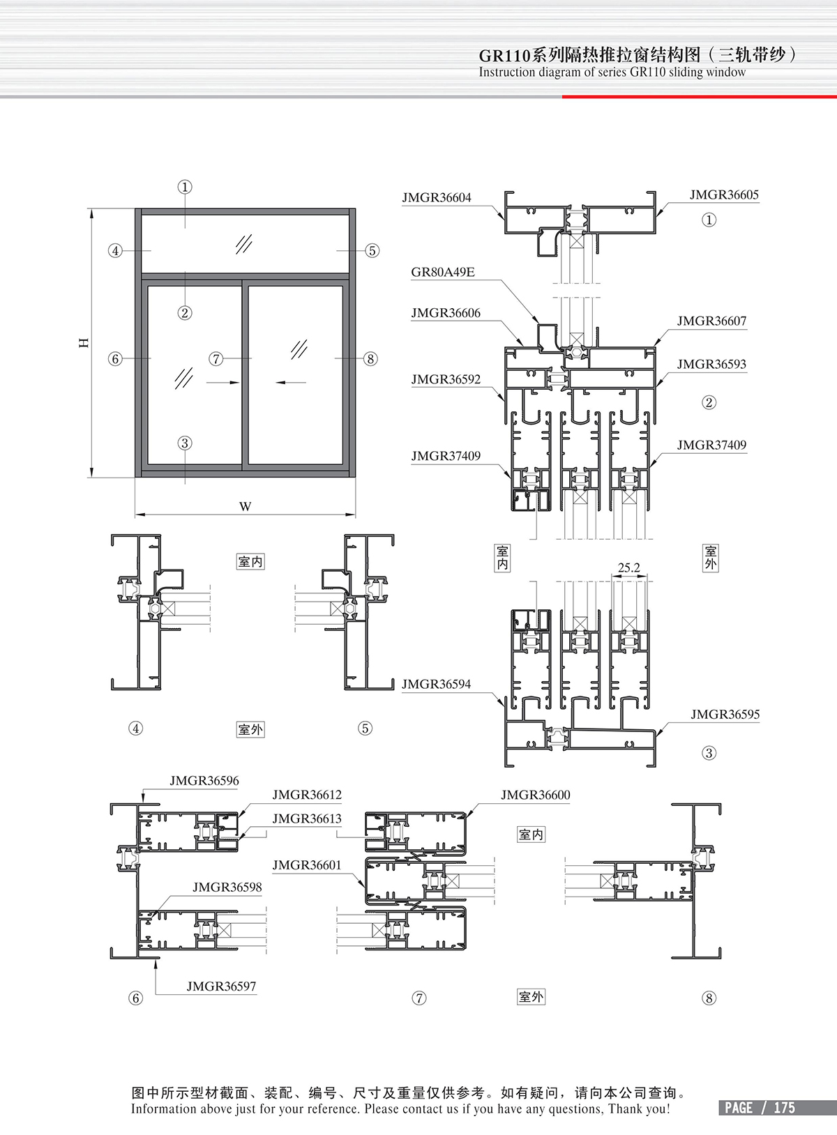 Dibujo estructural de la ventana corrediza de aislamiento térmico Serie GR110 (tres pistas con gasa)