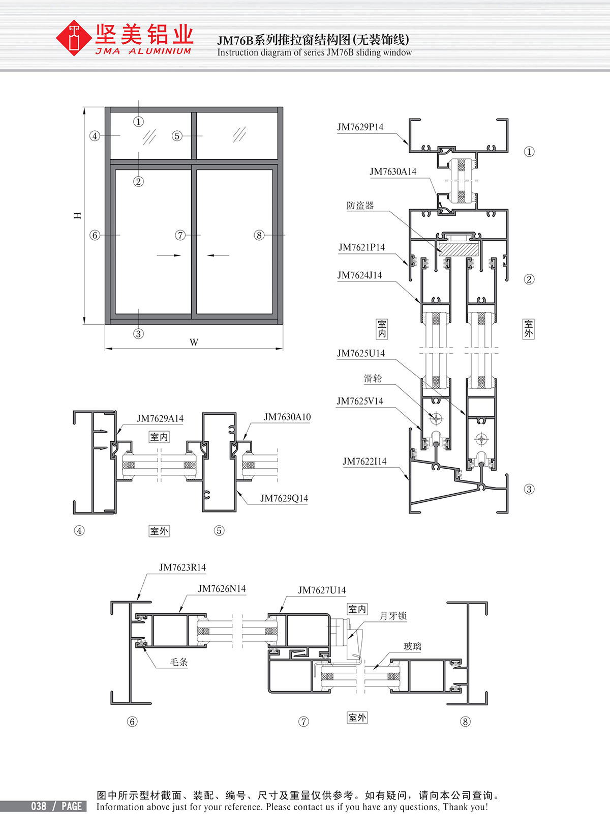 Dibujo estructural de la ventana corrediza Serie JM76B(sin línea de decoración)