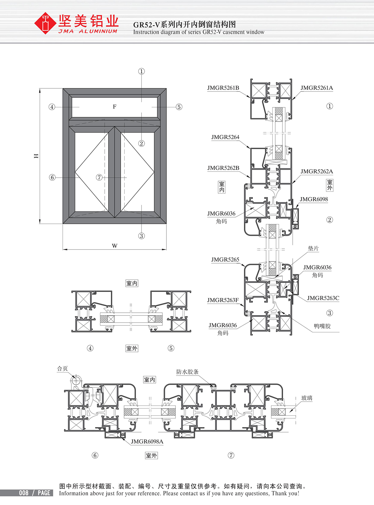 Schéma de structure de la fenêtre à battant ouvert et inversé vers l’intérieur de la série GR52-Ⅴ