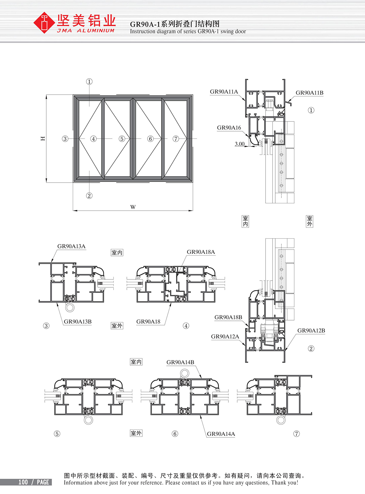 Dibujo estructural de puertas plegables Serie GR90A-1