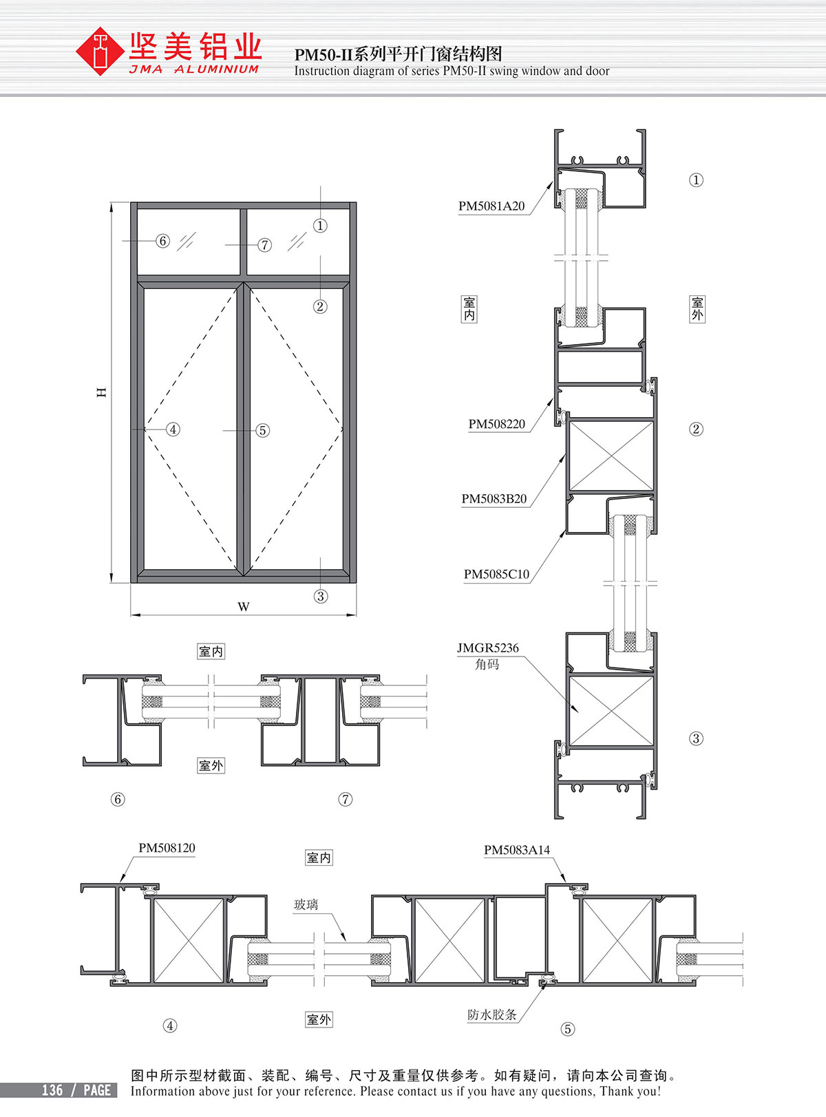 Schéma de structure de la porte & fenêtre à battant de la série PM50-II