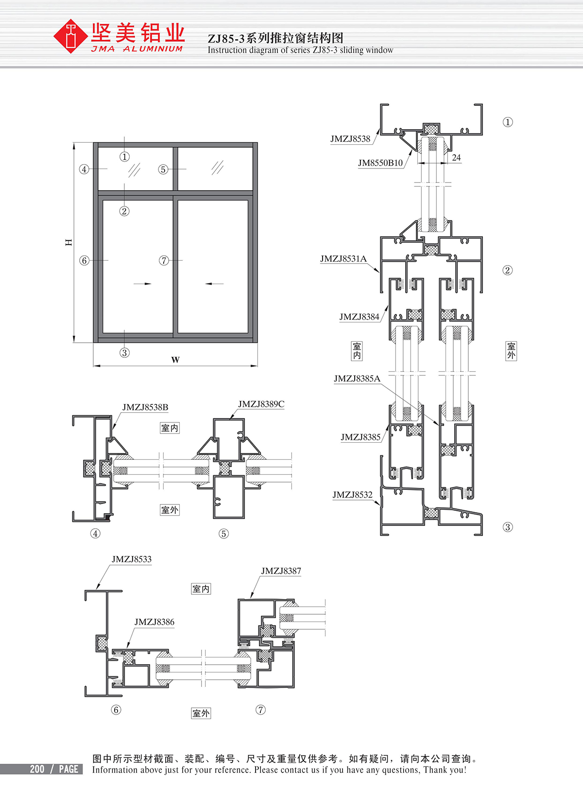 Schéma de structure de la fenêtre coulissante de la série ZJ88-4