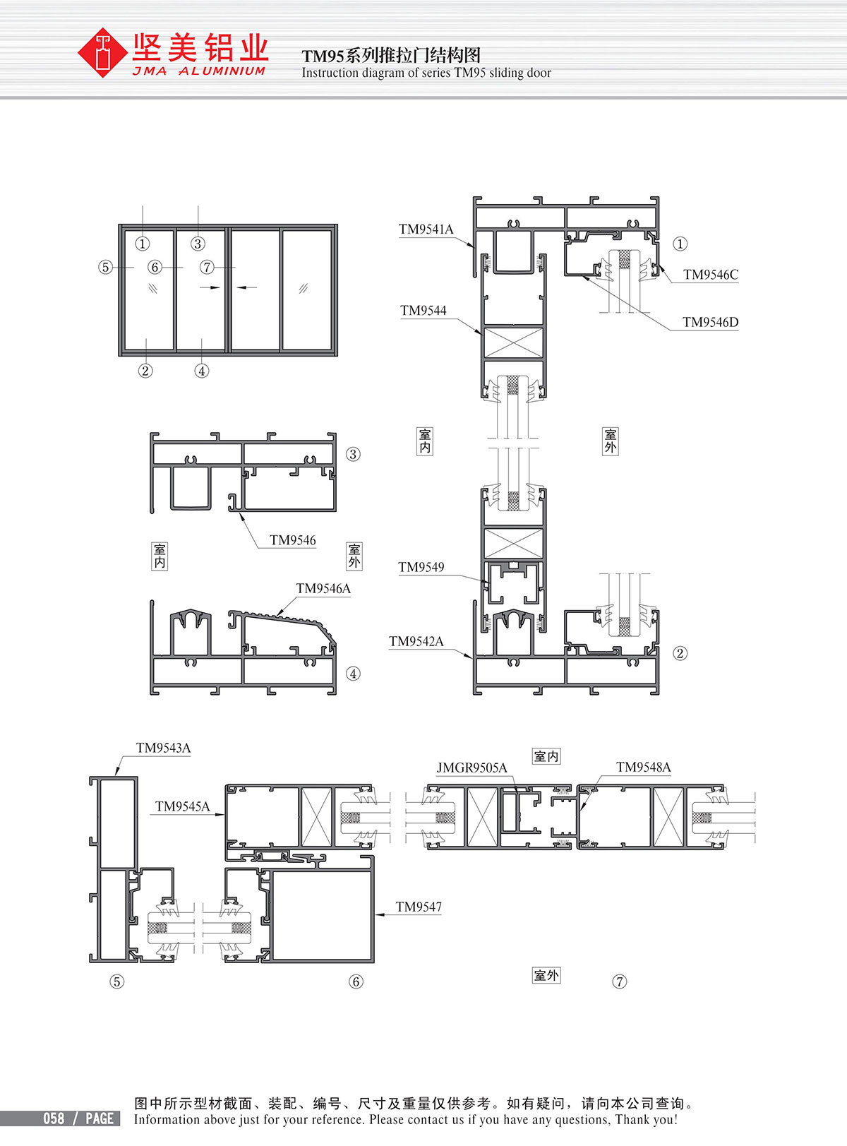 Structure drawing of TM95 series sliding door