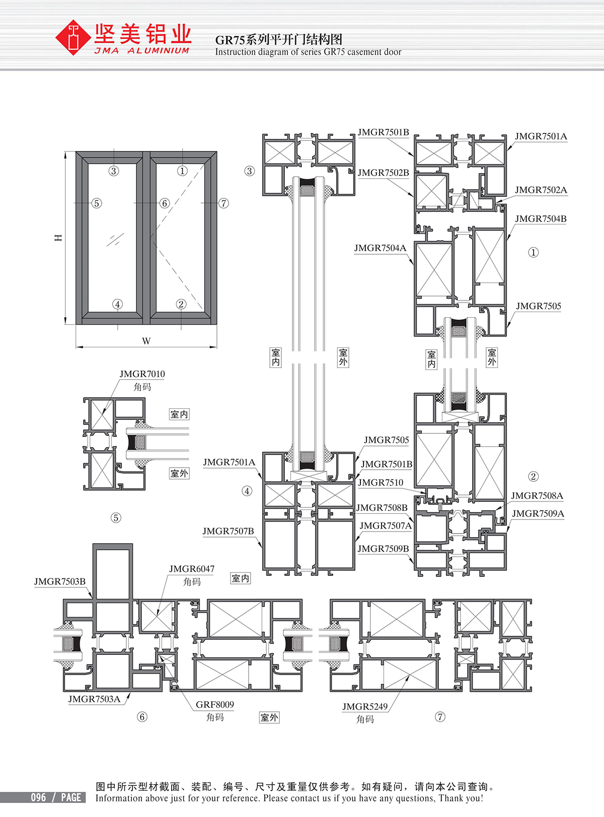 Structure drawing of GR75 series swing door