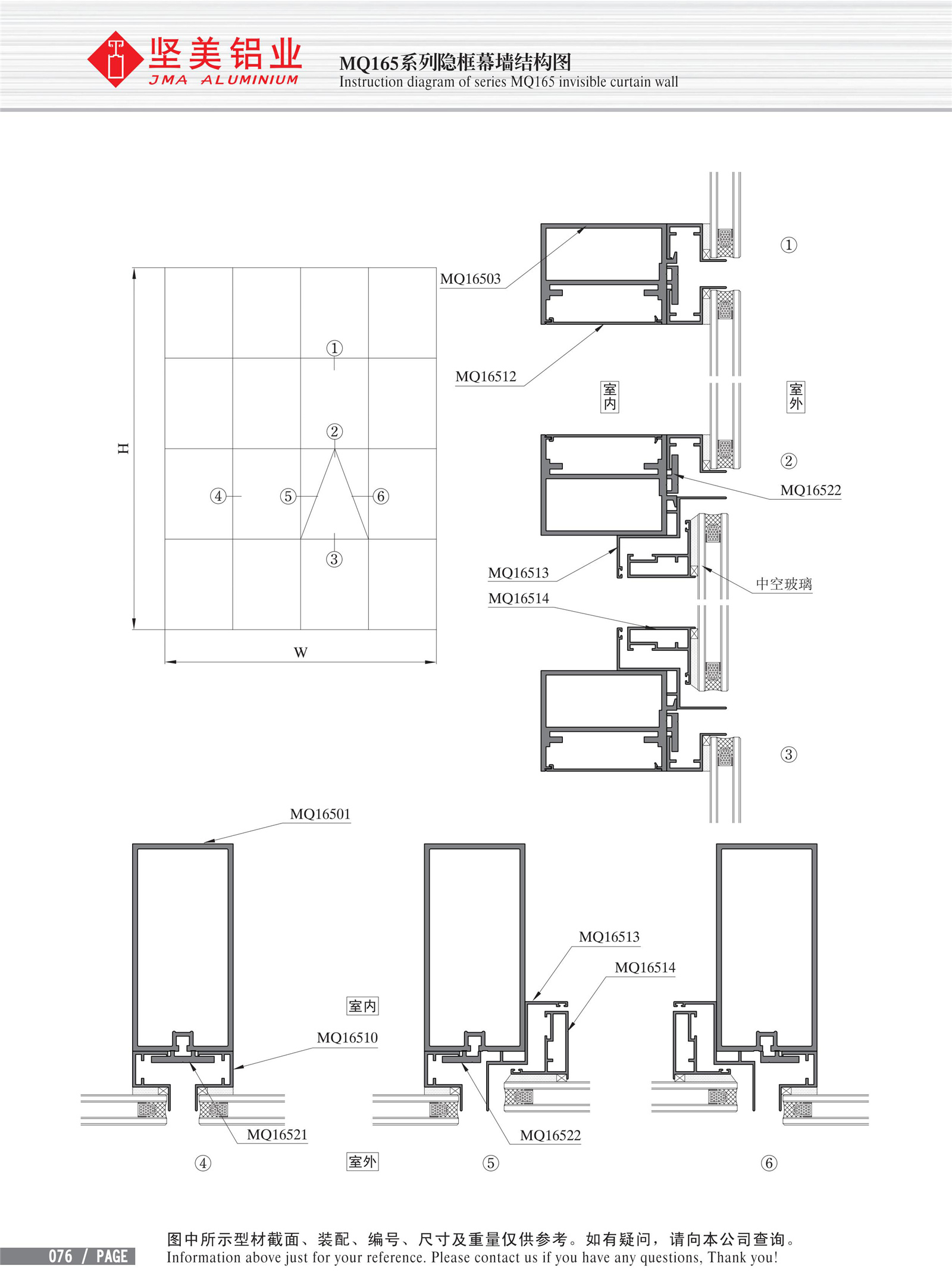 Schéma de structure du mur-rideau à cadre caché de la série MQ165