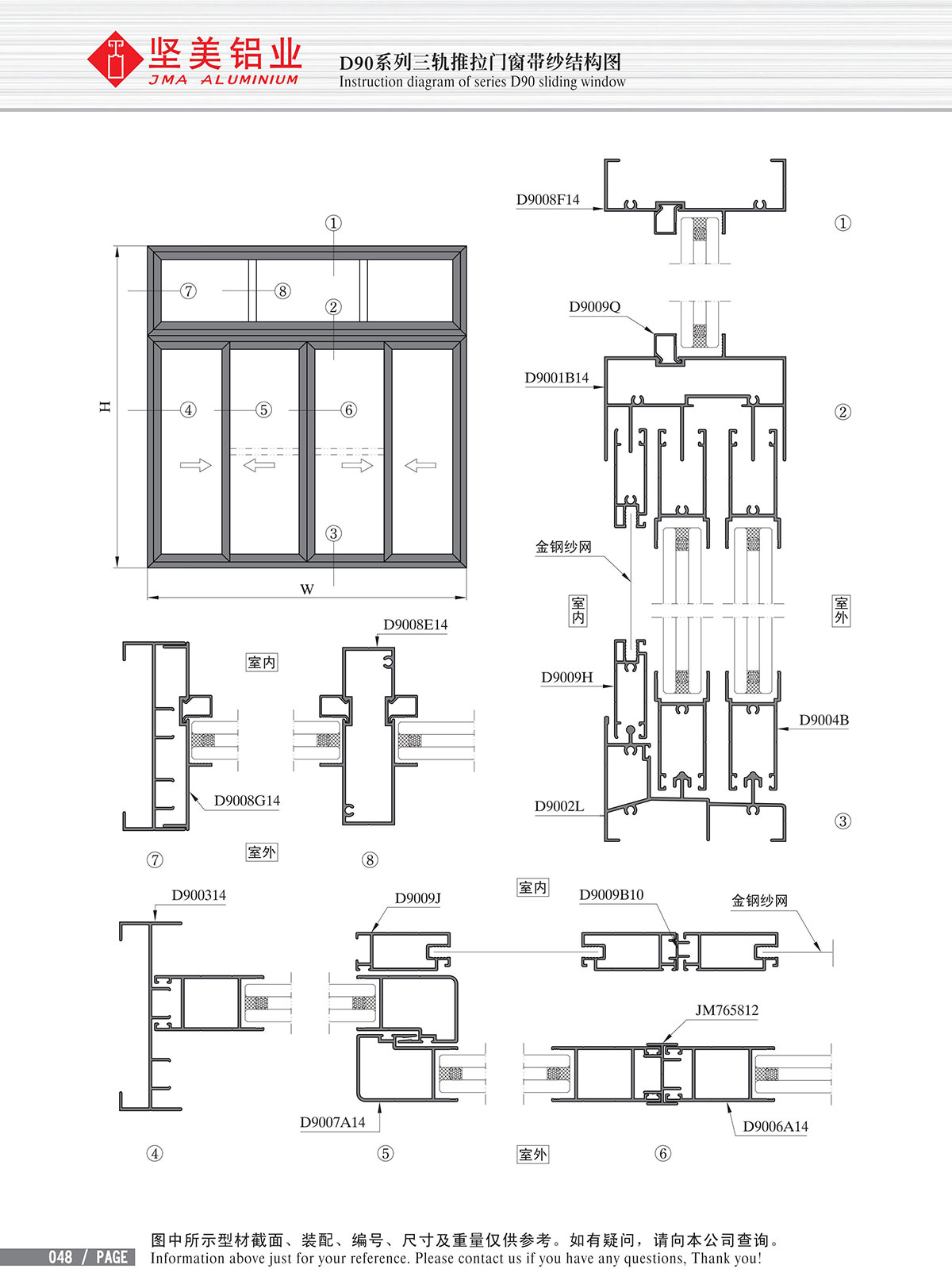 Schéma de structure de la porte & fenêtre coulissante avec trois glissières et moustiquaire de la série D90