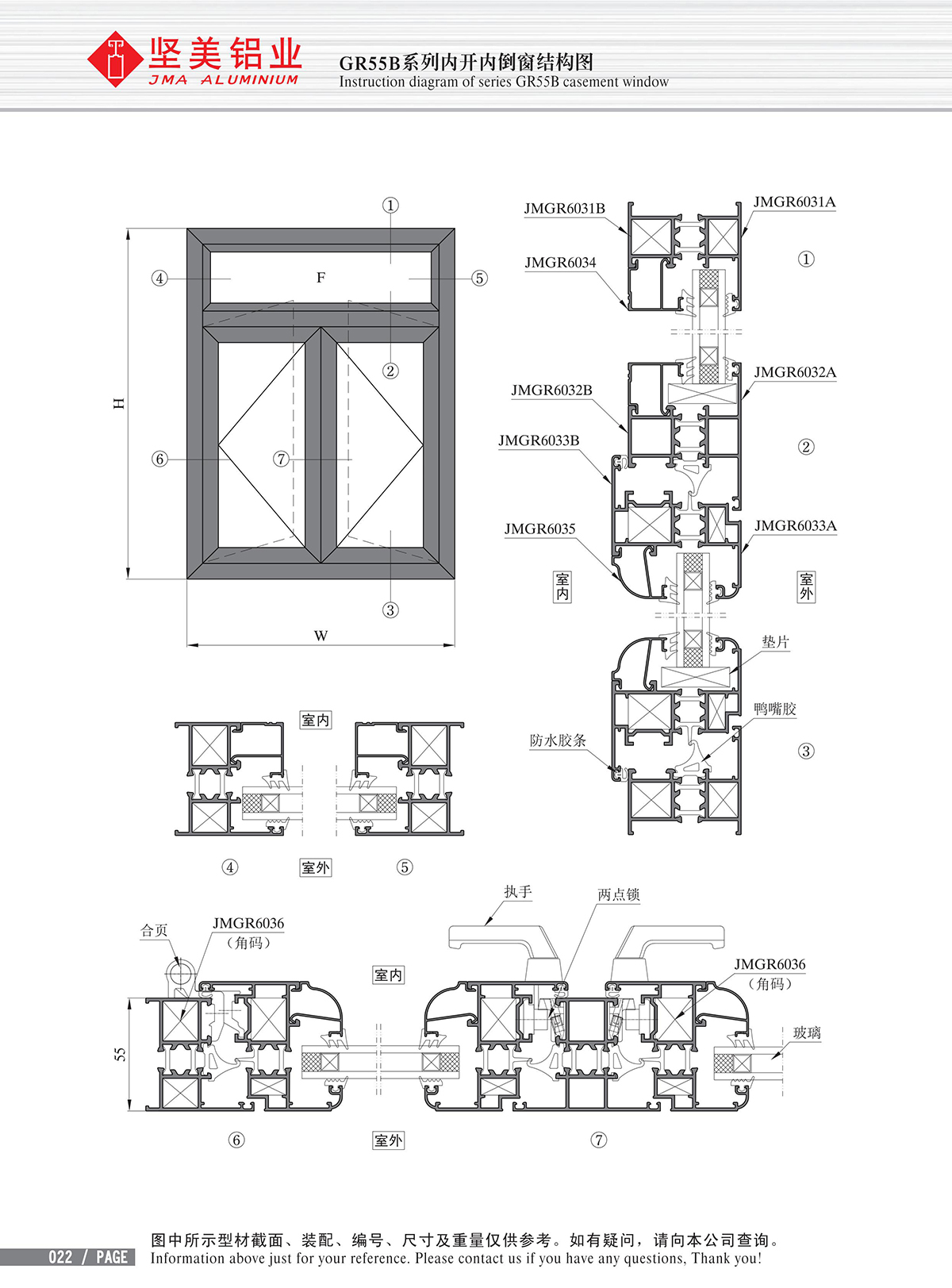 Schéma de structure de la fenêtre à battant ouvert et inversé vers l’intérieur de la série GR55B