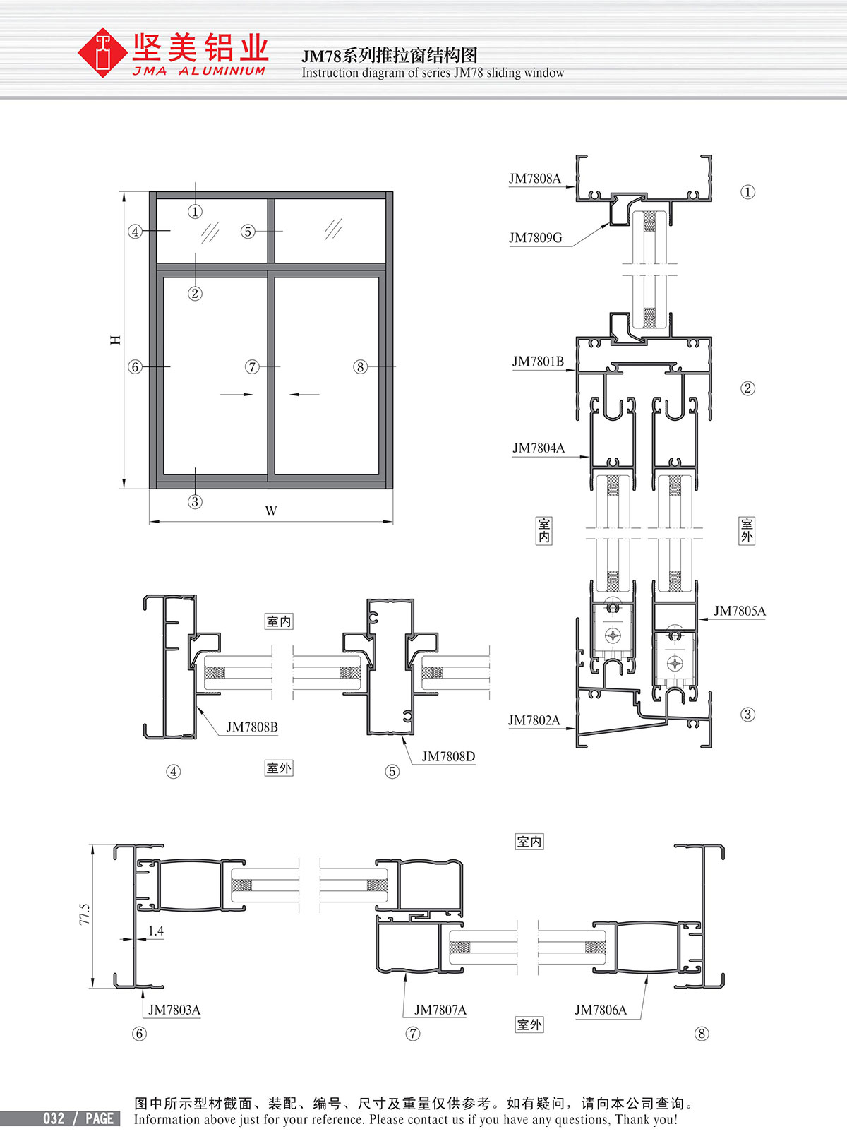 Schéma de structure de la fenêtre coulissante de la série JM78