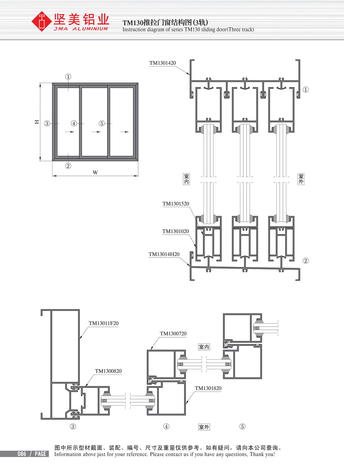 Schéma de structure de la porte & fenêtre coulissante de la série TM130 (3 glissières)