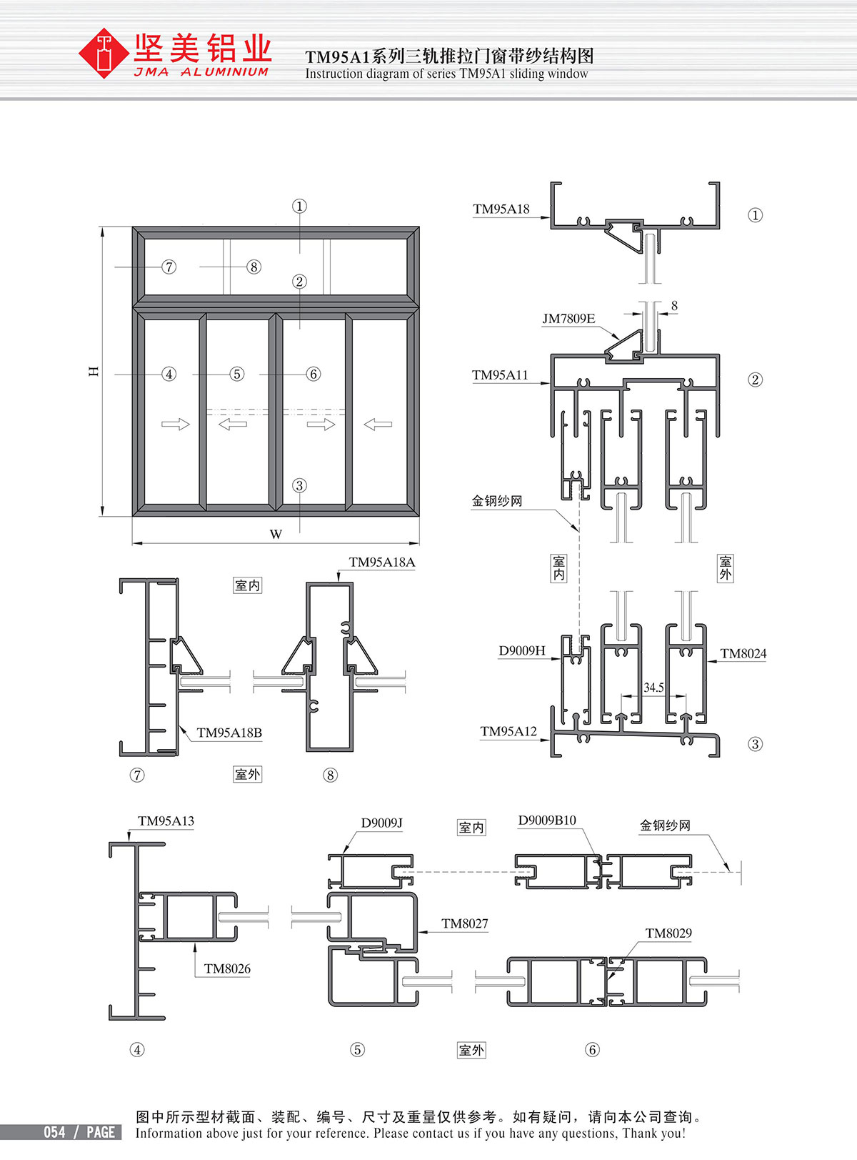 Schéma de structure de la porte & fenêtre coulissante avec trois glissières et moustiquaire de la série TM95A1