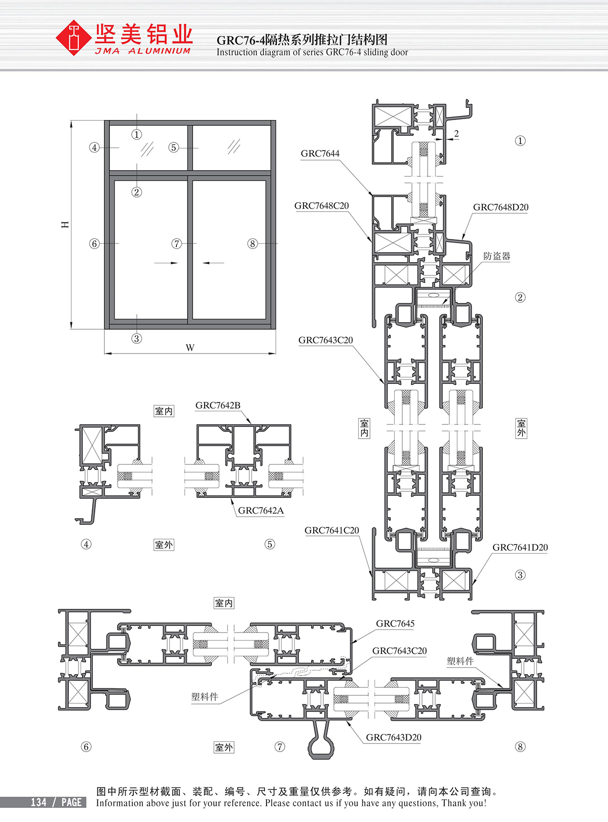 Dibujo estructural de la puerta corrediza de aislamiento térmico Serie GRC76-4