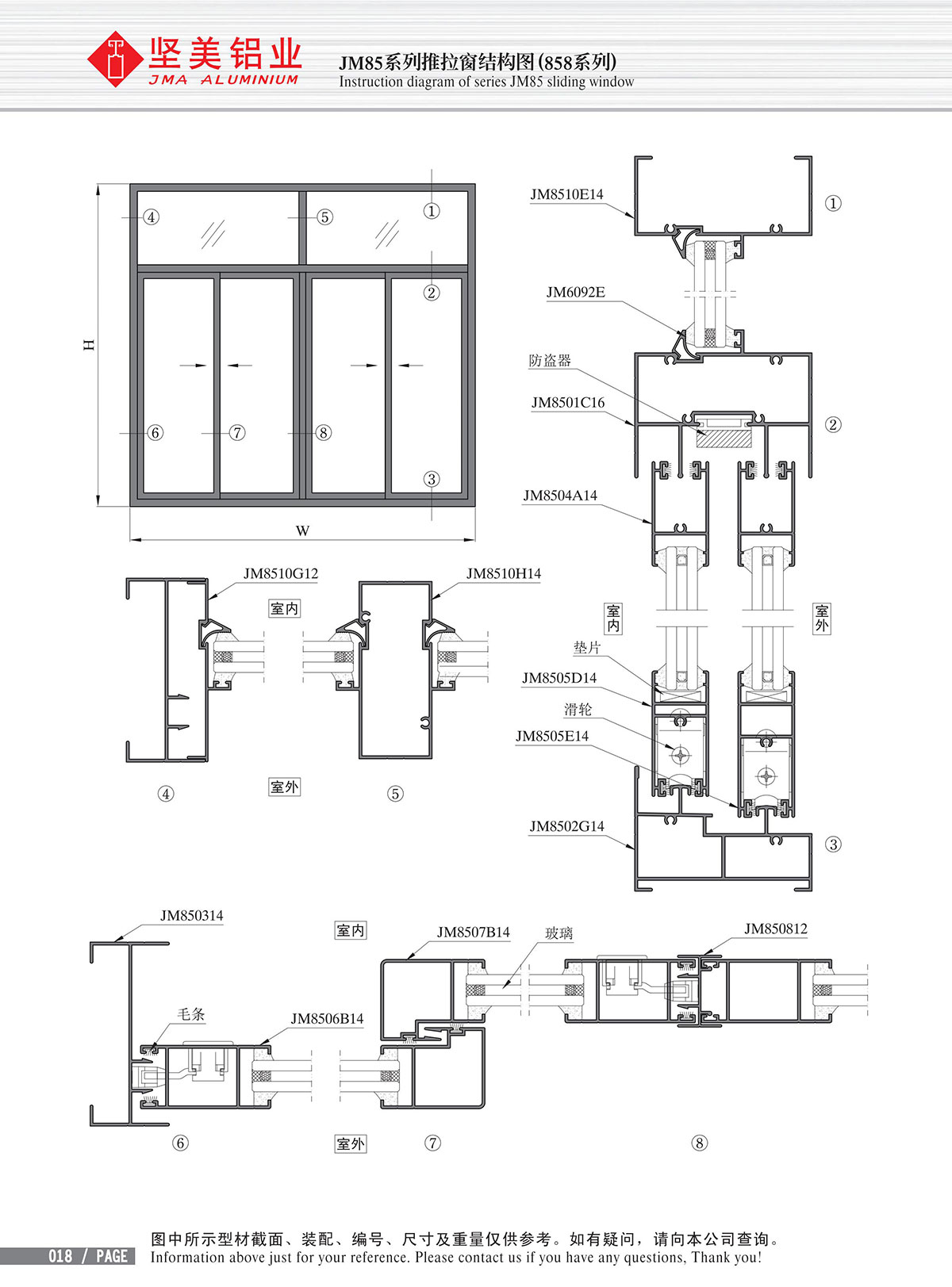 Dibujo estructural de la ventana corrediza Serie A90-3