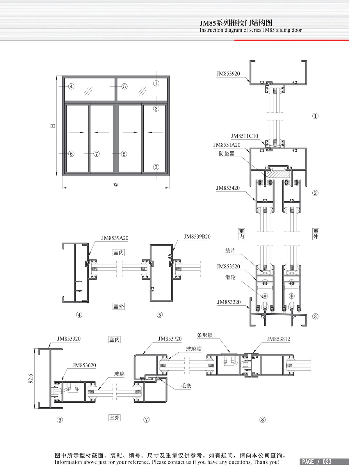 Dibujo estructural de la puerta corrediza Serie JM85