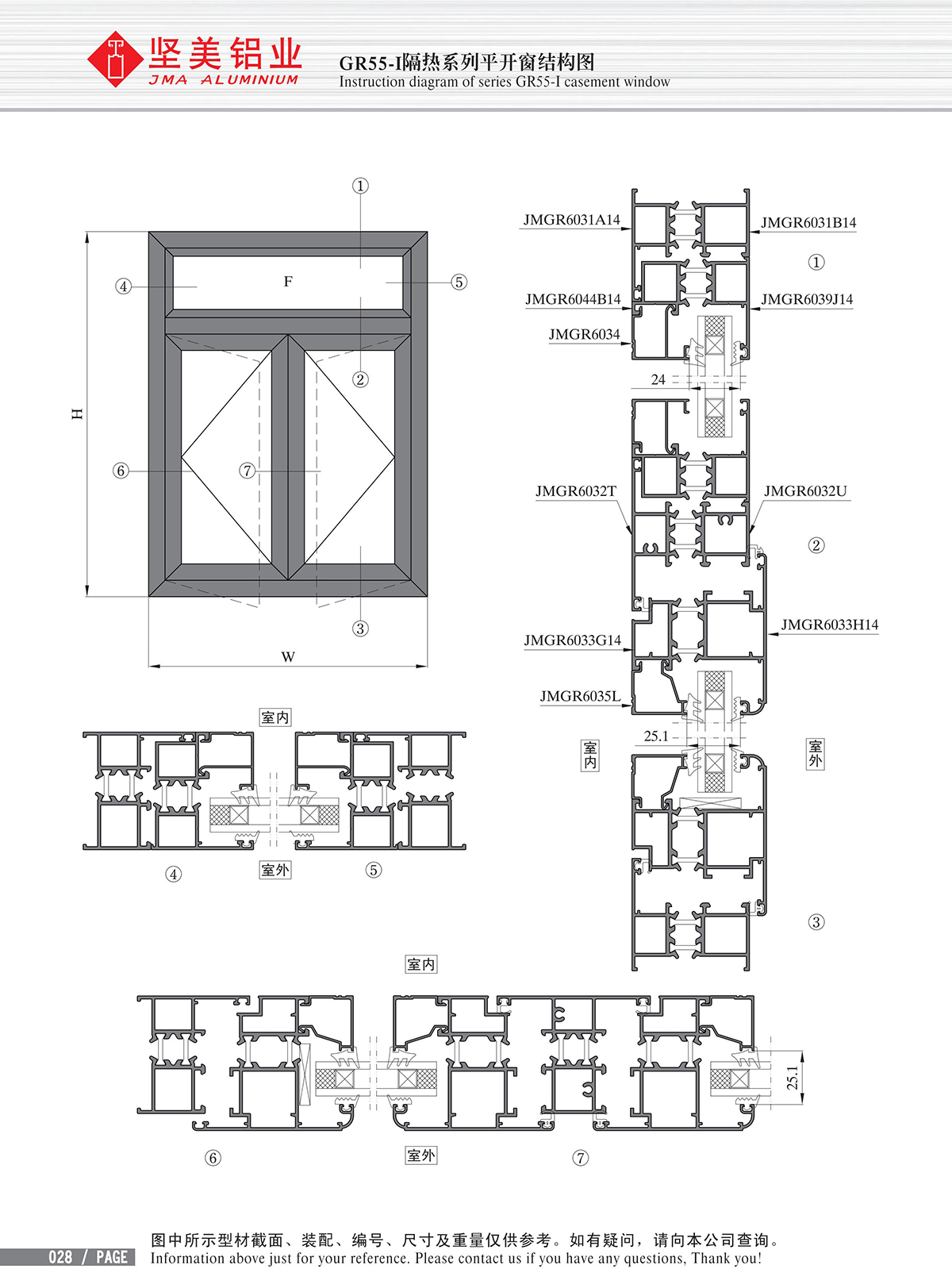 Dibujo estructural de la ventana abatible de aislamiento térmico Serie GR55-I