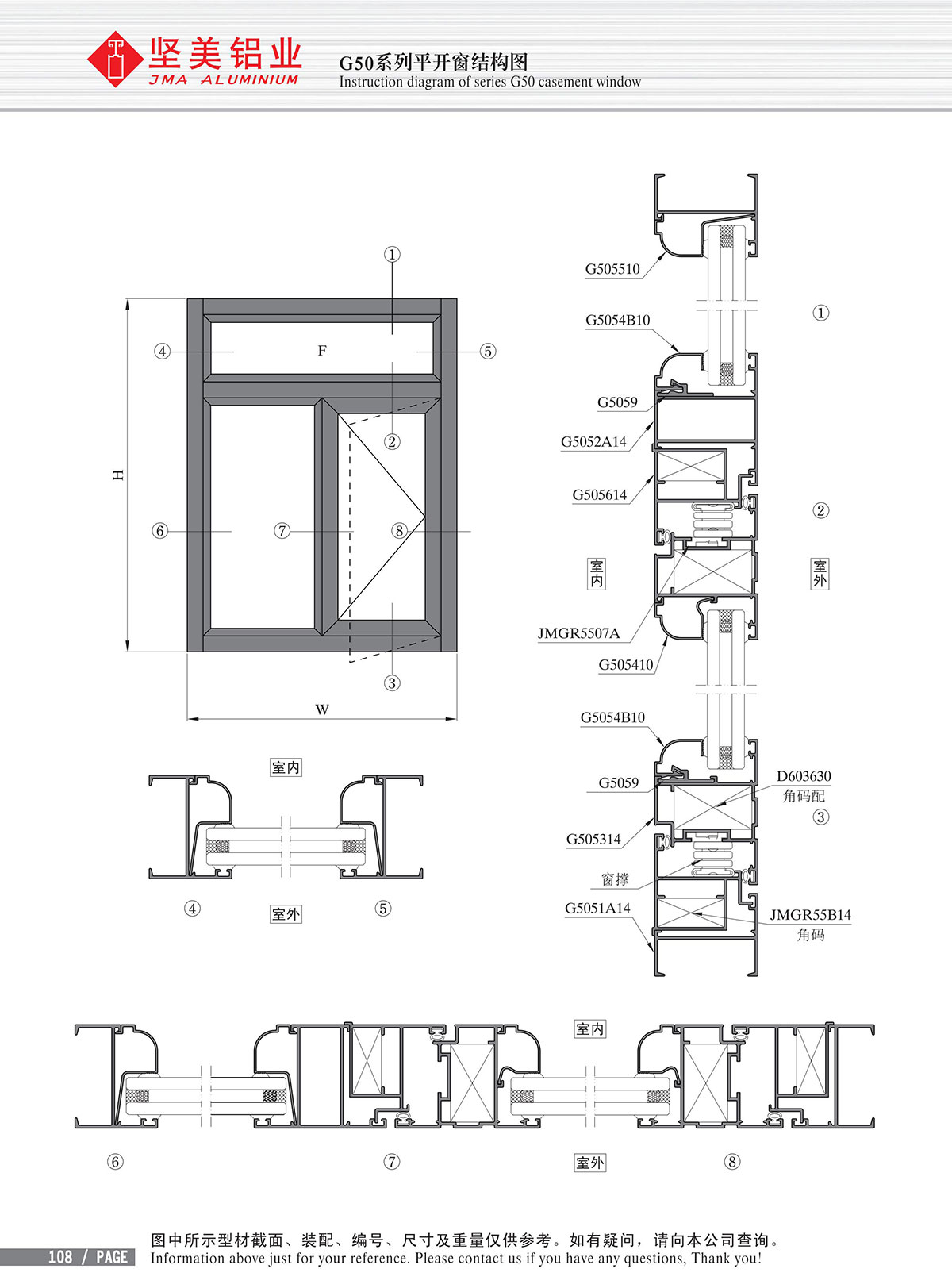 Dibujo estructural de la ventana abatible Serie G50-2