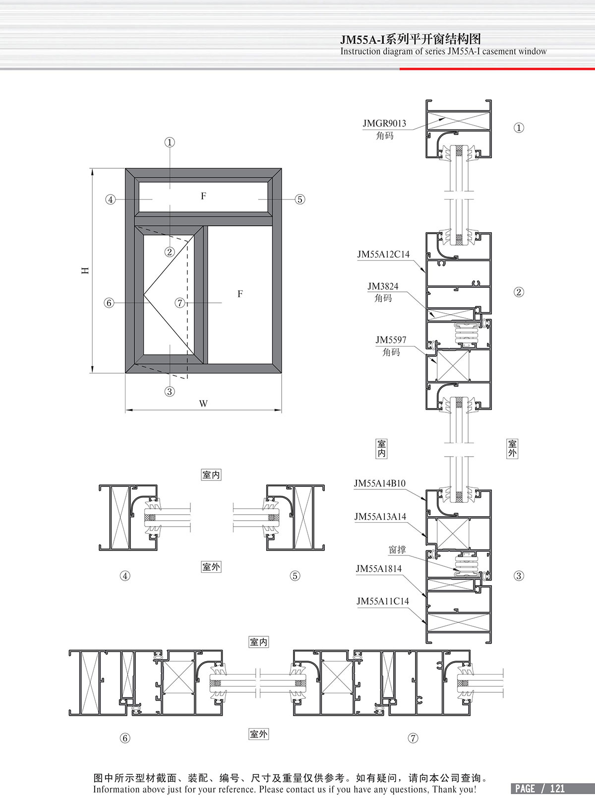 Schéma de structure de la fenêtre à battant de la série JM55A-I-4