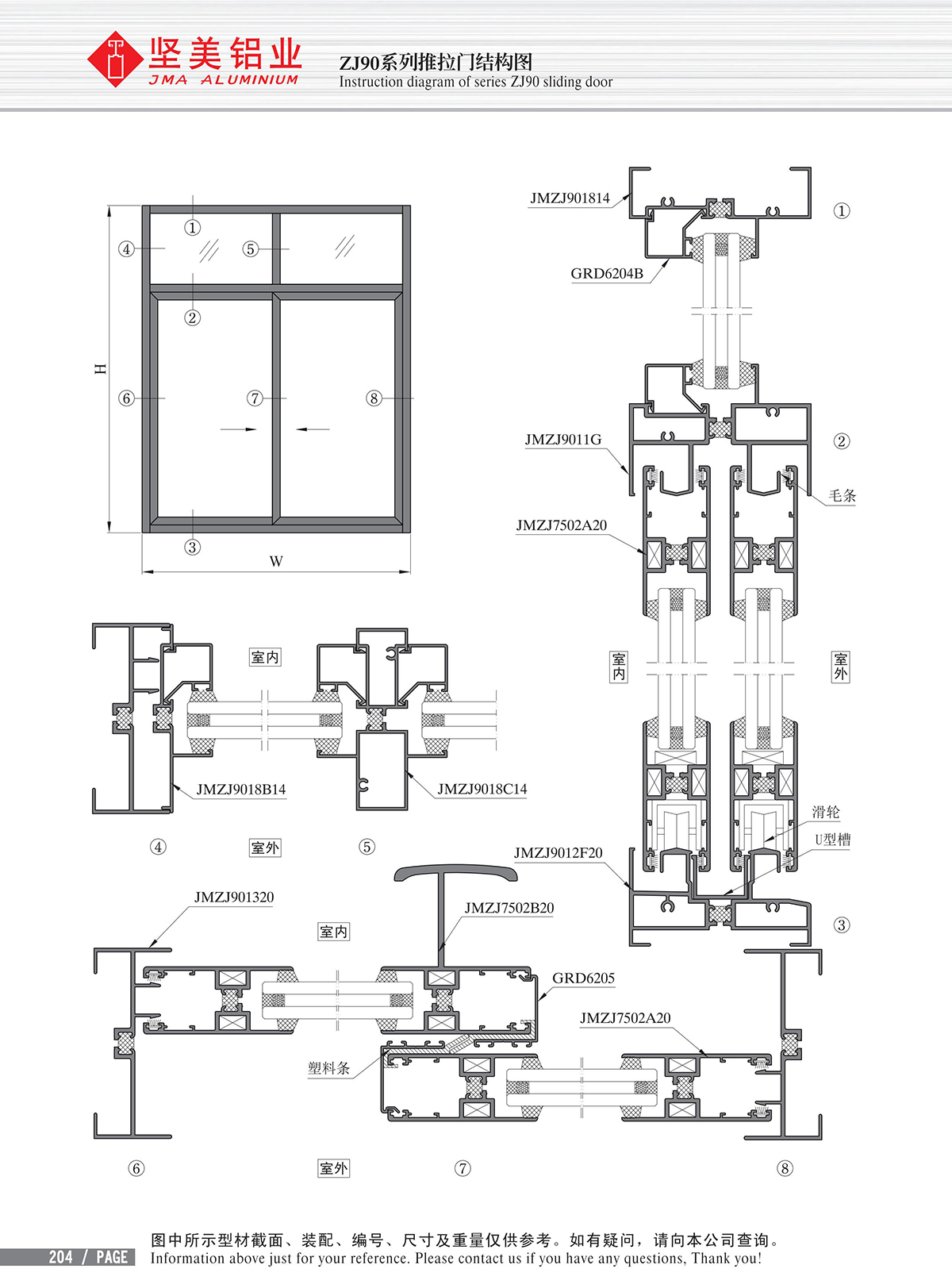 Dibujo estructural de la puerta corrediza Serie ZJ90