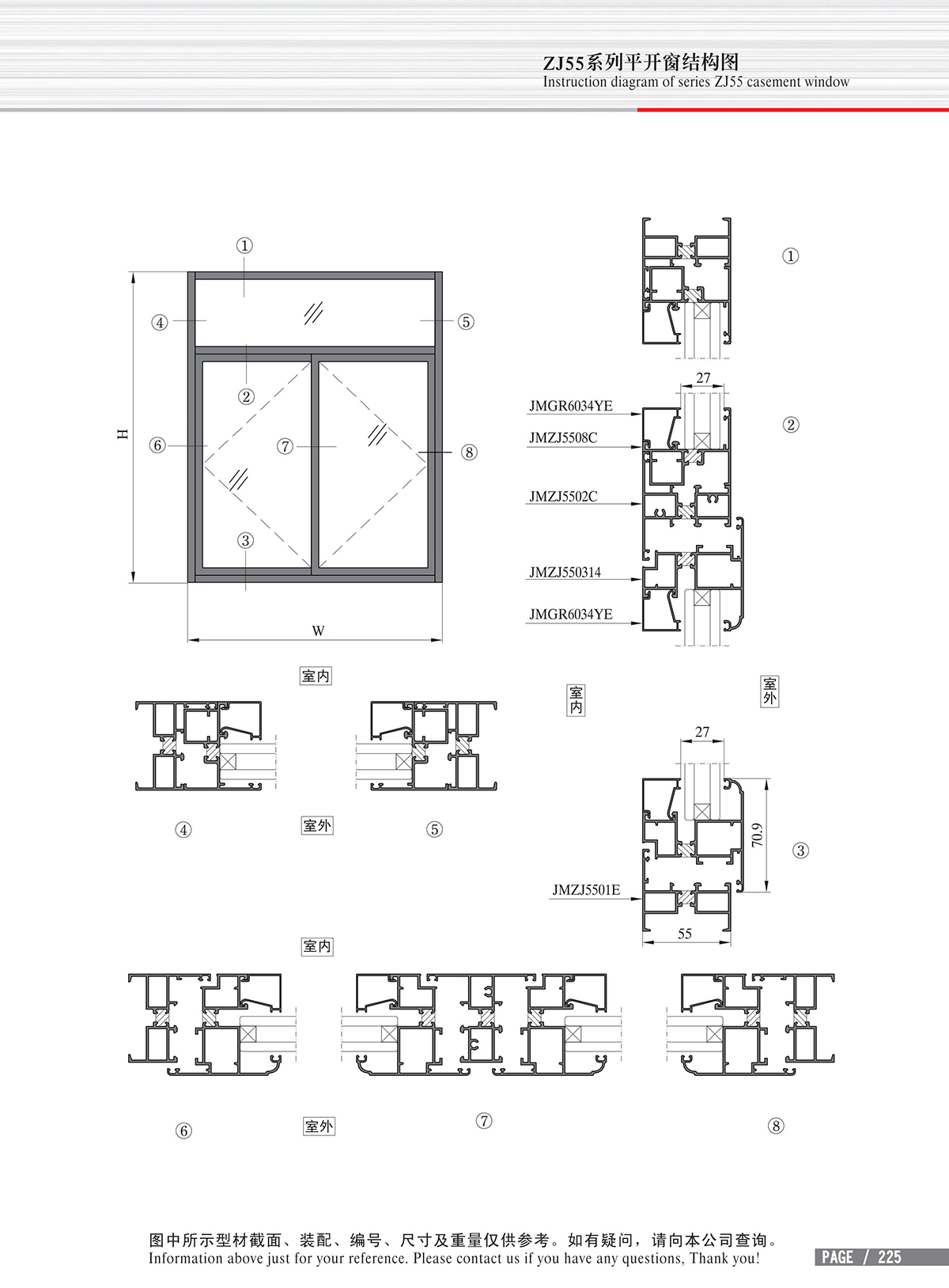 Dibujo estructural de la ventana abatible Serie ZJ55