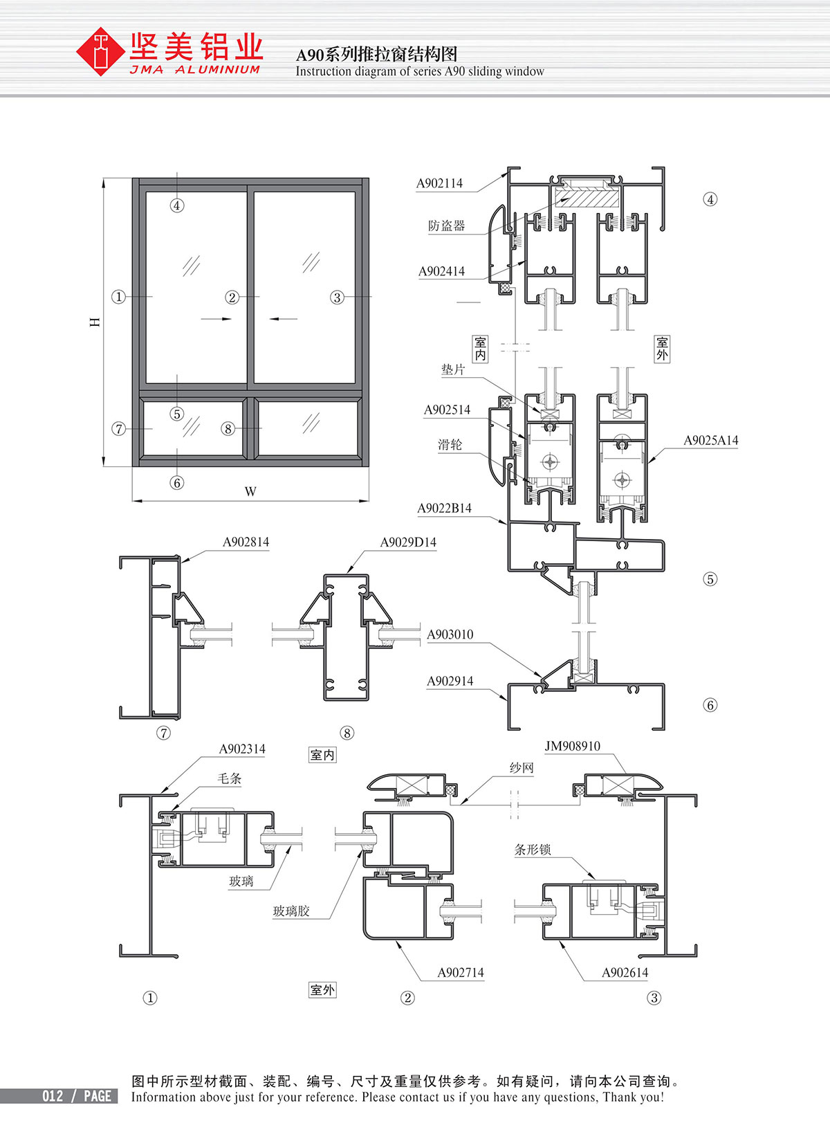 Dibujo estructural de la ventana corrediza Serie A90-2