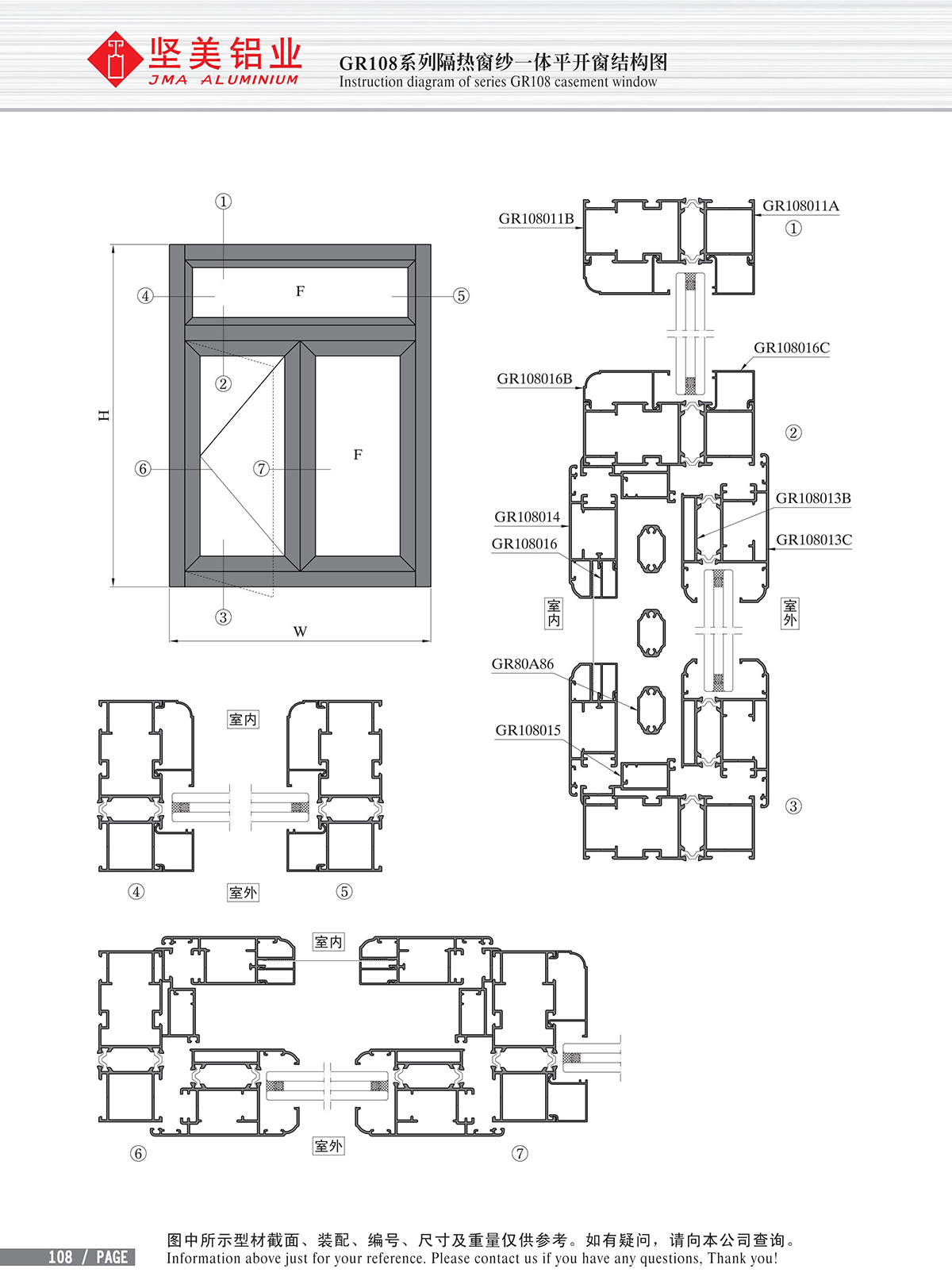 Dibujo estructural de la ventana abatible integrada de la gasa de aislamiento térmico Serie GR108