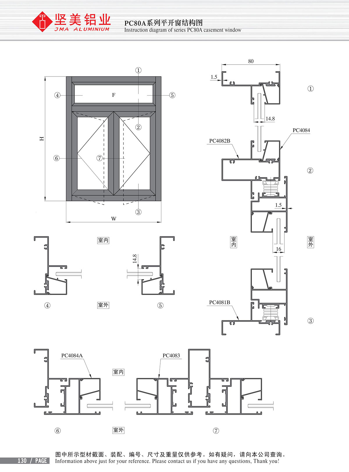 Dibujo estructural de la ventana abatible Serie PC80A