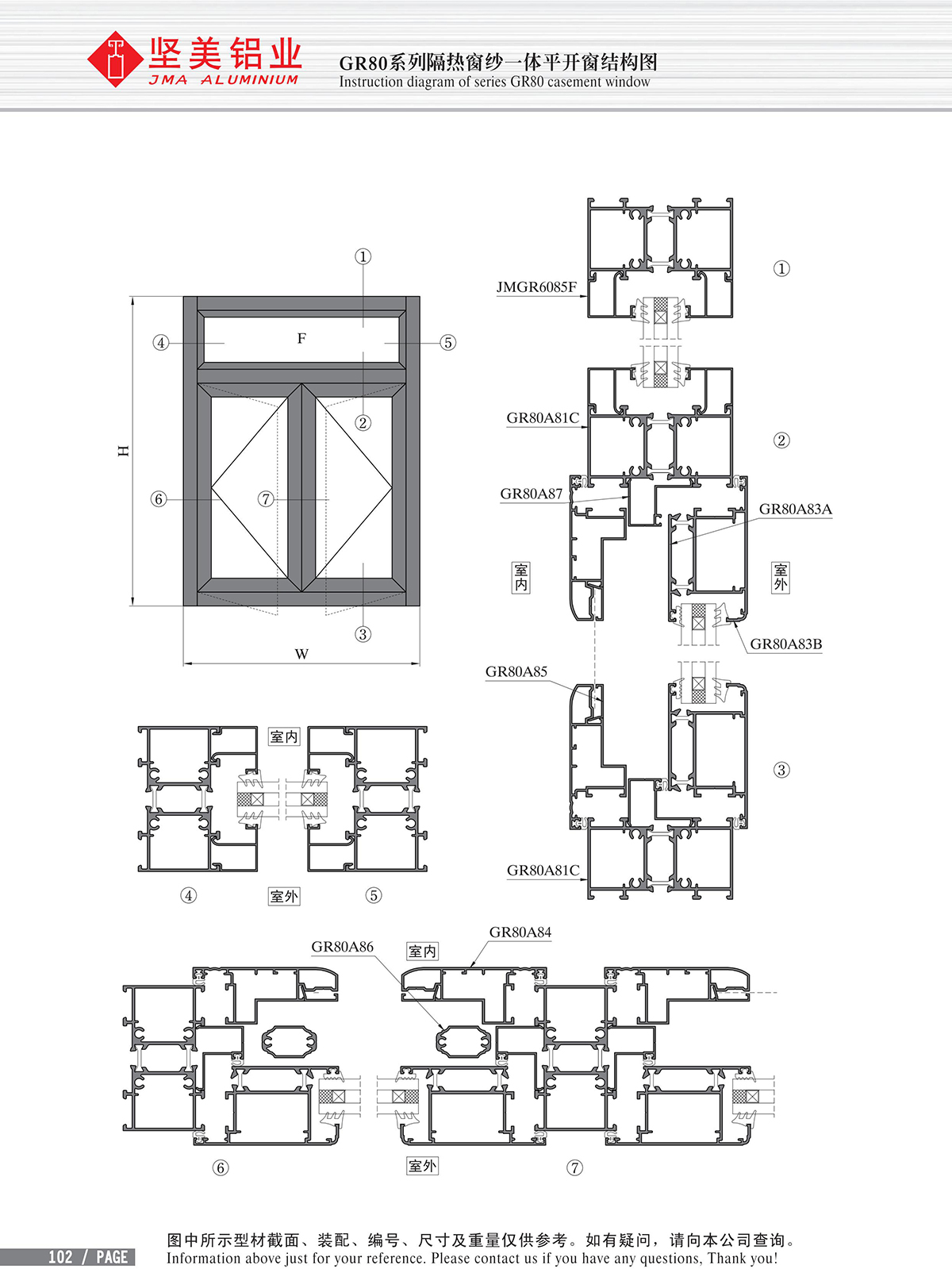 Dibujo estructural de la ventana abatible integrada de la gasa de aislamiento térmico Serie GR80