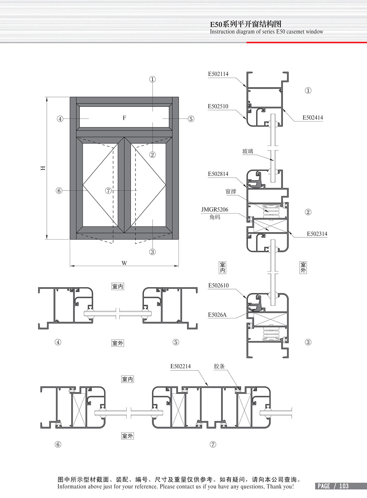 Dibujo estructural de la ventana abatible Serie E50