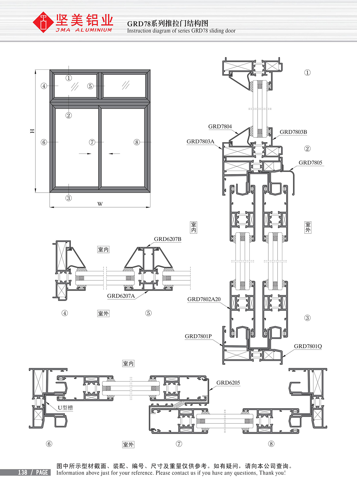 Dibujo estructural de la puerta corrediza Serie GRD78