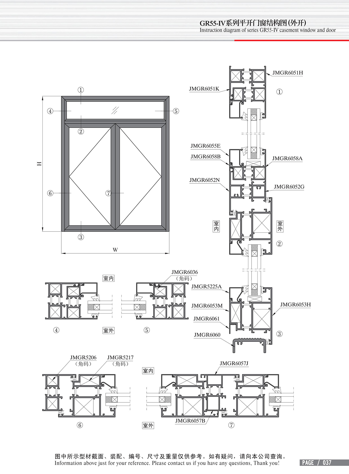 Schéma de structure de la porte & fenêtre à battant de la série GR55-IV (ouvert vers l’extérieur)