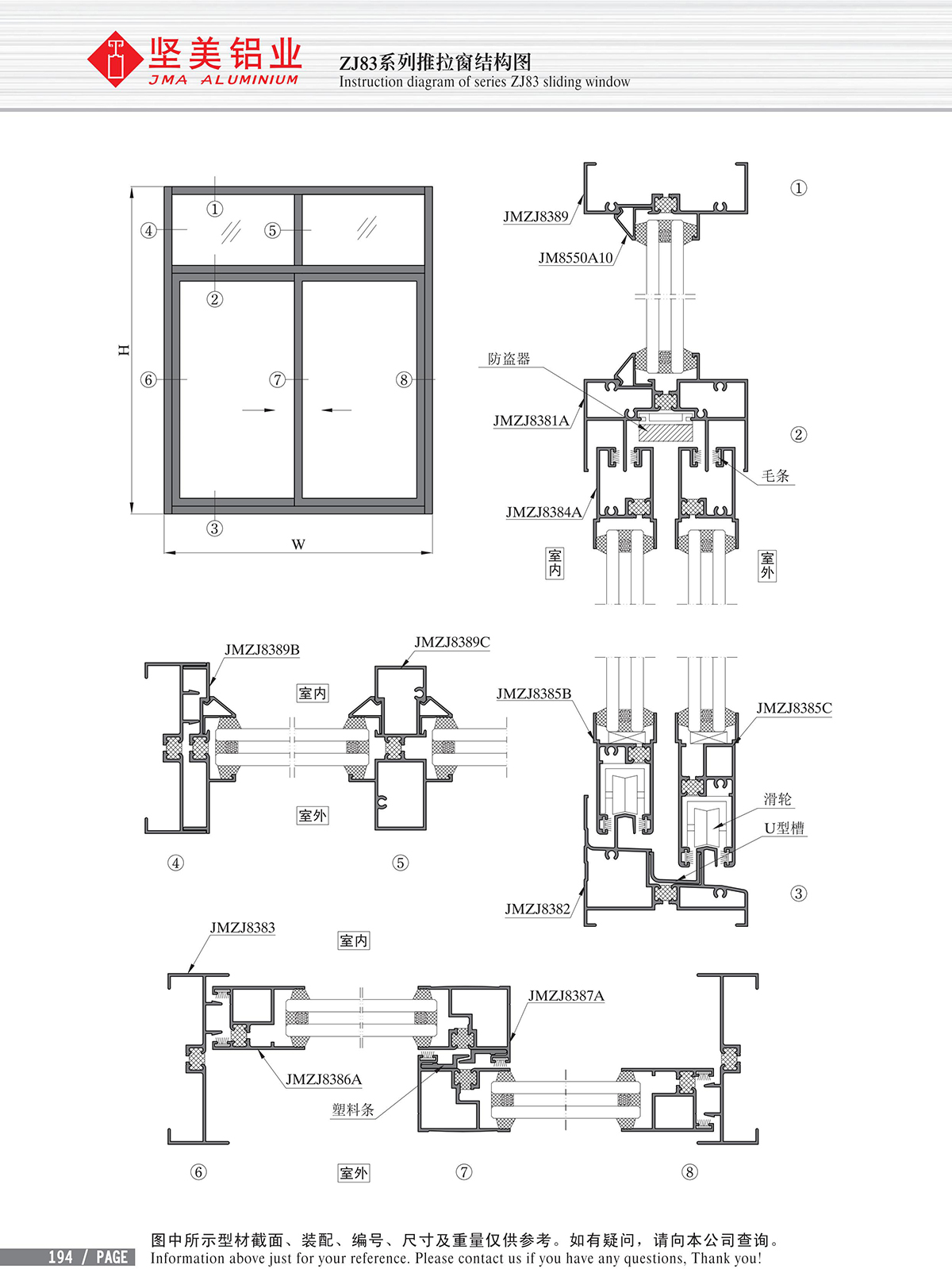 Dibujo estructural de la ventana corrediza Serie ZJ83